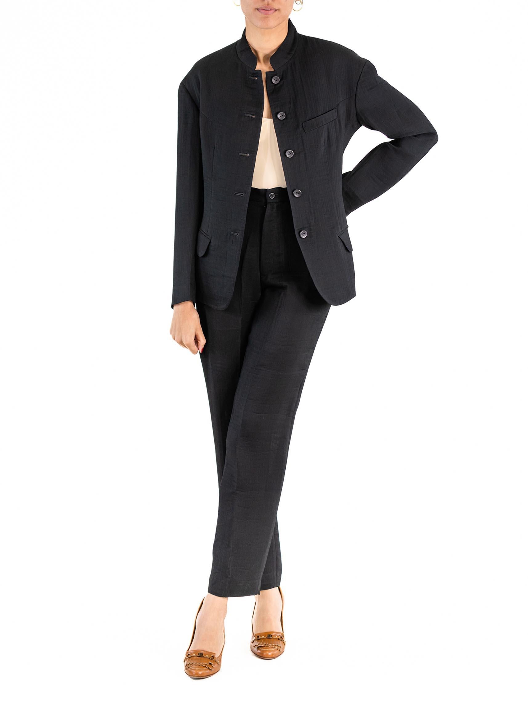 1990S ISSEY MIYAKE Black Rayon Blend Lightweight Pucker Double-Weave Pant Suit For Sale 1