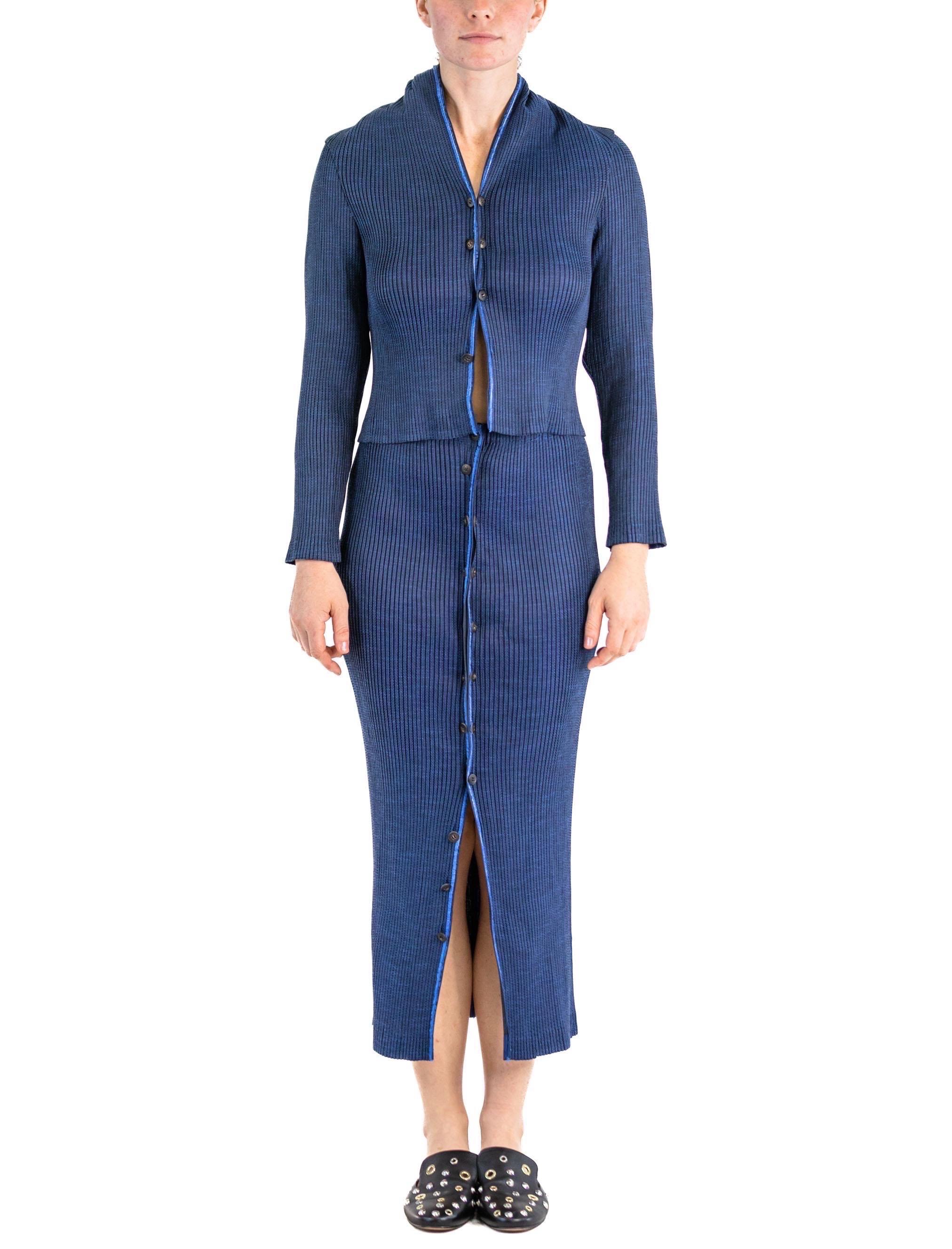 1990S ISSEY MIYAKE Blue & Black Polyester Pleated Woven Knit Skirt Suit With Buttons