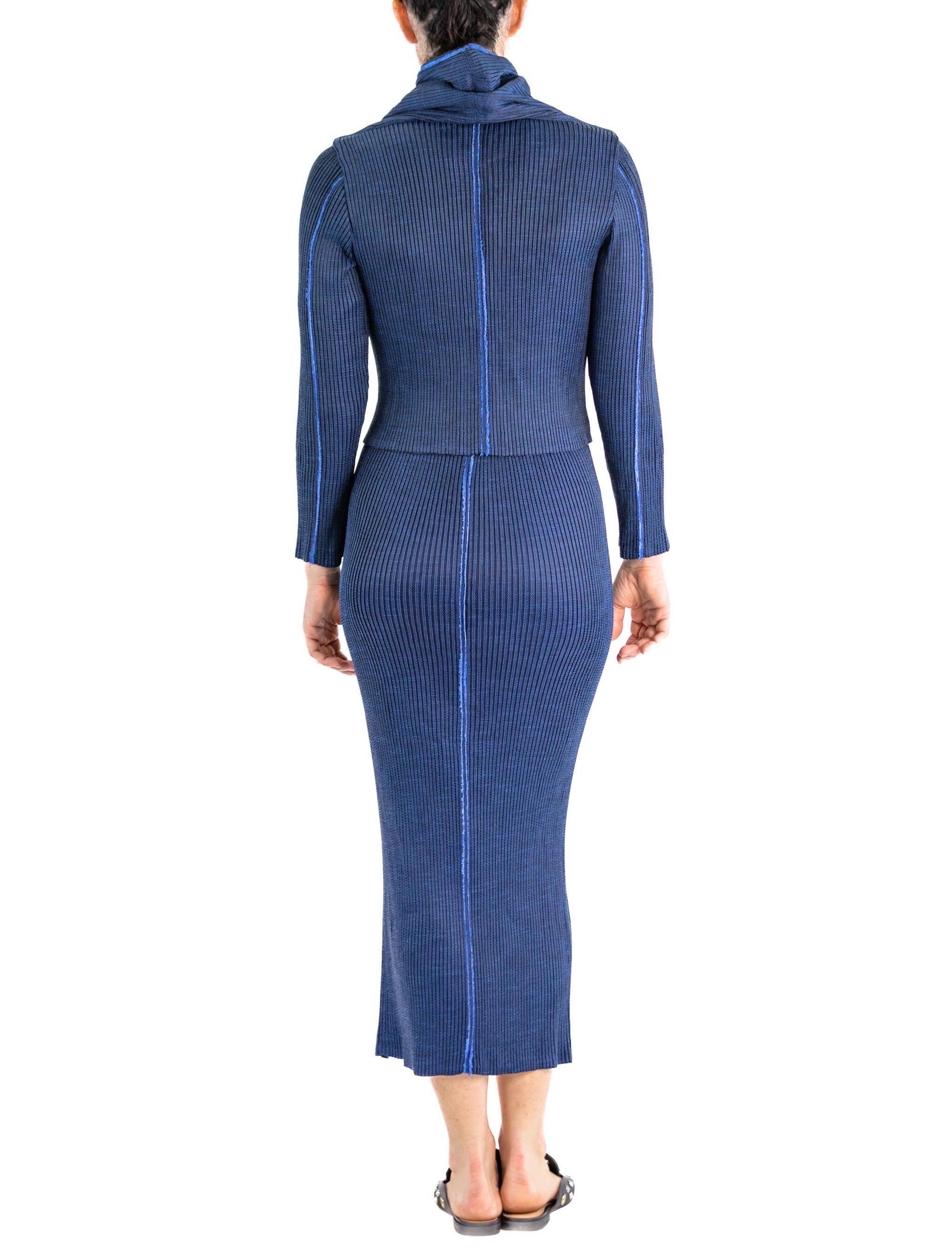 1990S ISSEY MIYAKE Blue & Black Polyester Pleated Woven Knit Skirt Suit With Bu For Sale 2
