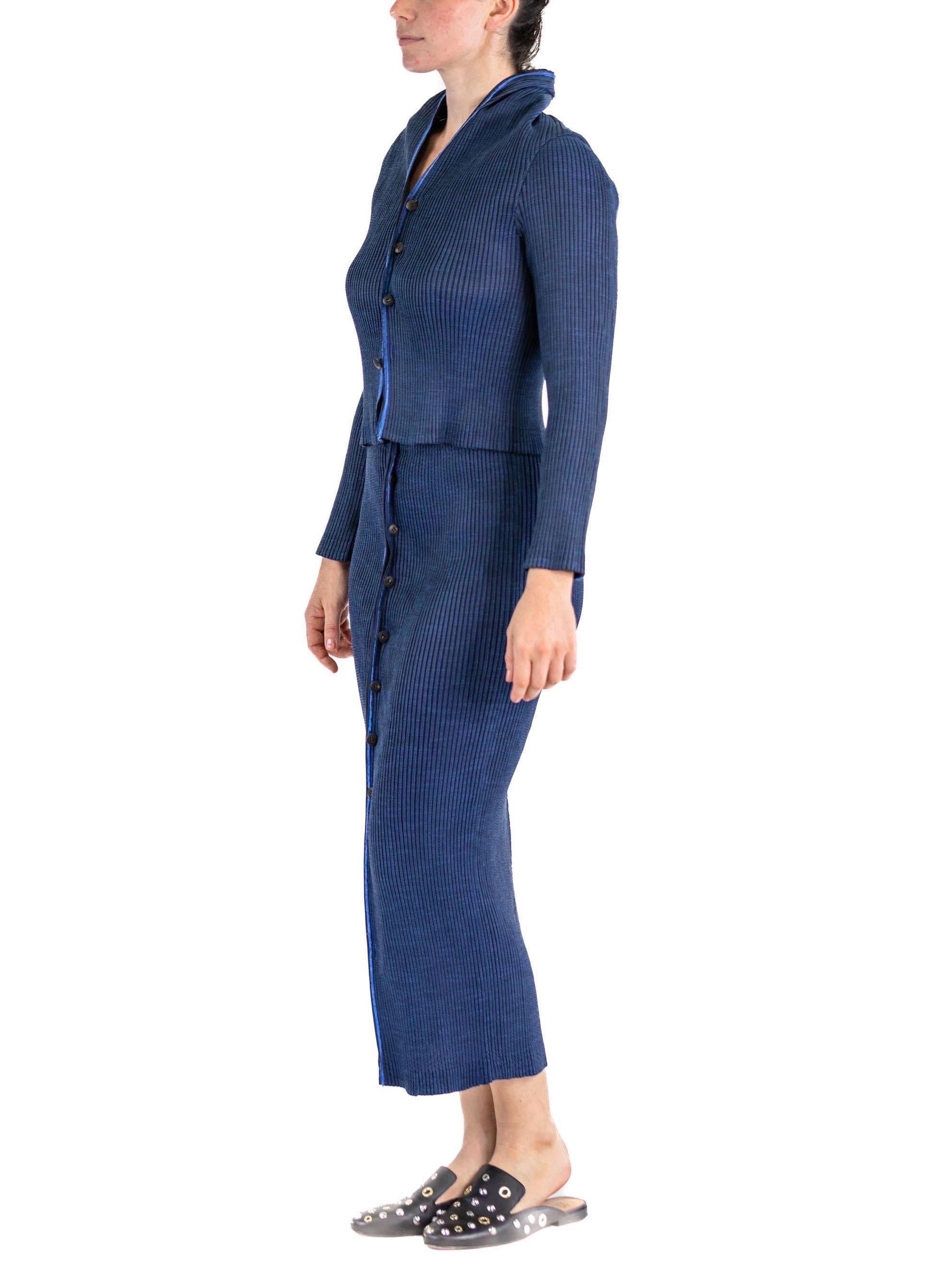 1990S ISSEY MIYAKE Blue & Black Polyester Pleated Woven Knit Skirt Suit With Bu For Sale 3