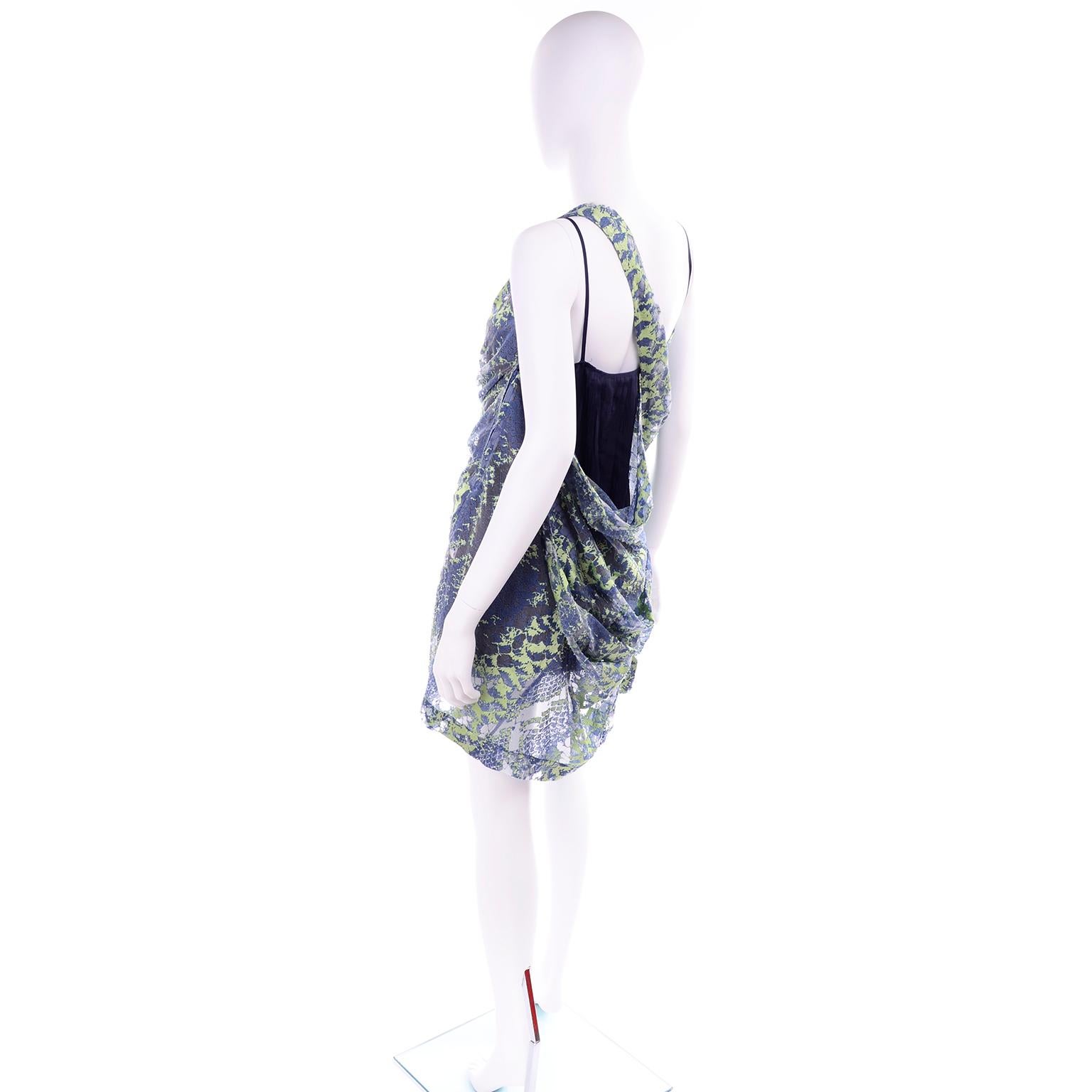 Gray 1990s Issey Miyake Blue & Green Lace One Shoulder Blouse W/ Pleated Tank For Sale