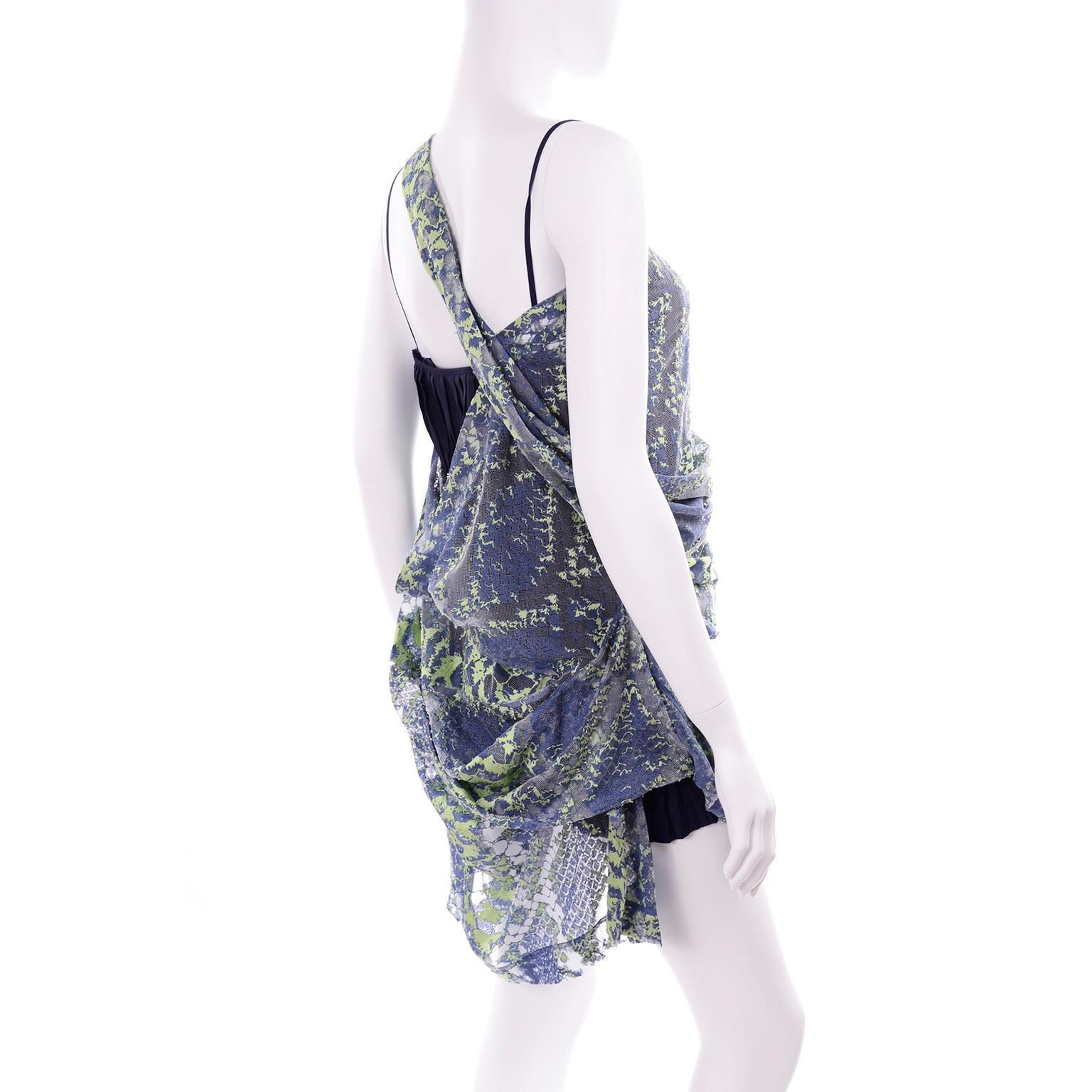 Women's 1990s Issey Miyake Blue & Green Lace One Shoulder Blouse W/ Pleated Tank For Sale