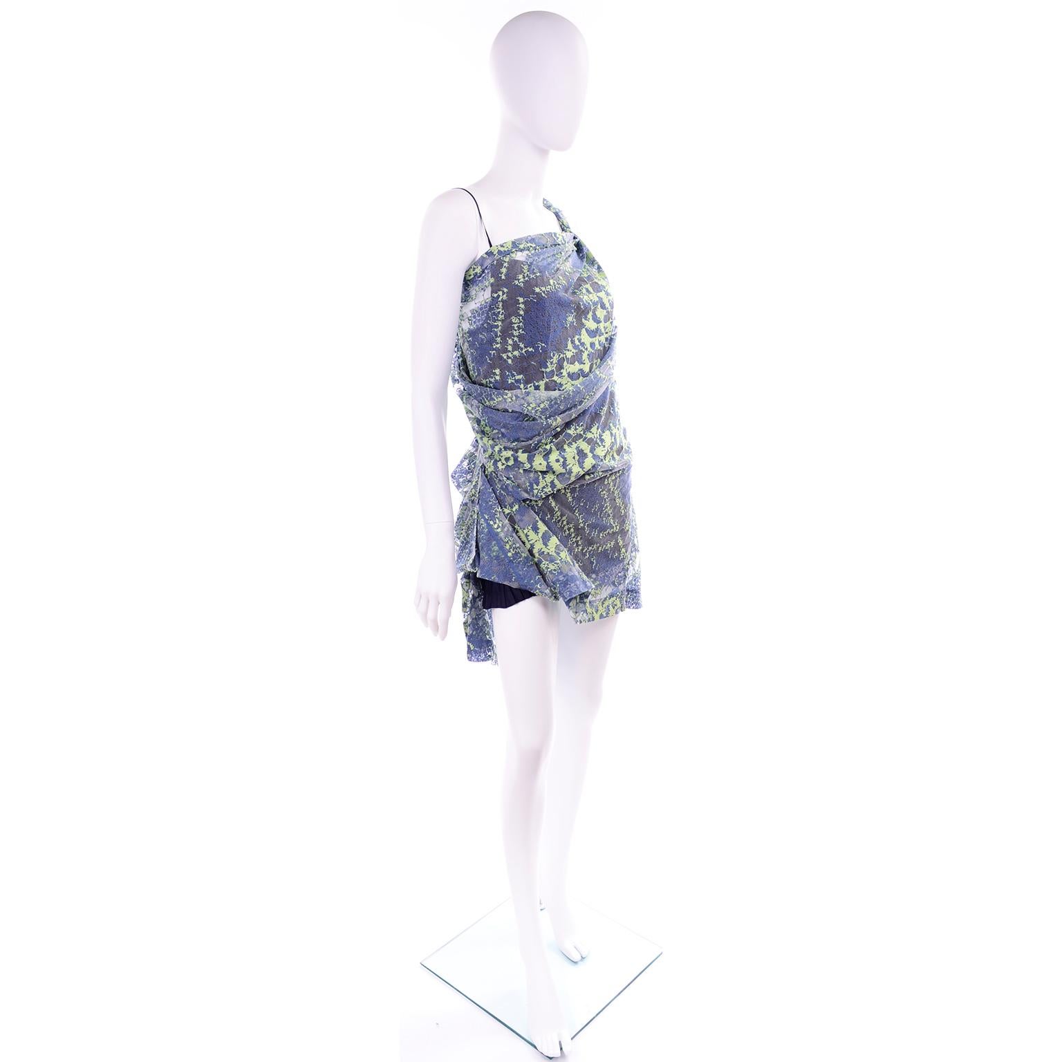 1990s Issey Miyake Blue & Green Lace One Shoulder Blouse W/ Pleated Tank For Sale 1