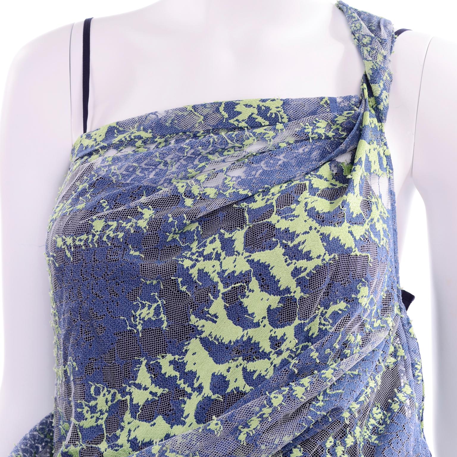 1990s Issey Miyake Blue & Green Lace One Shoulder Blouse W/ Pleated Tank For Sale 2