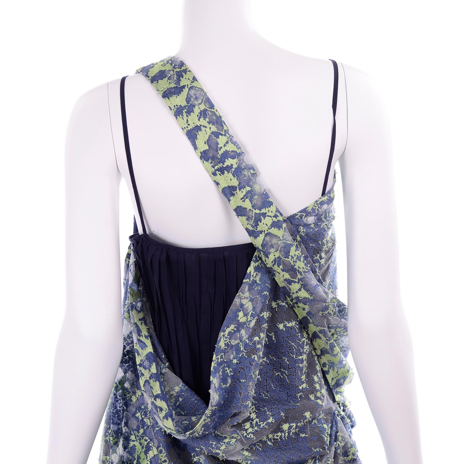 1990s Issey Miyake Blue & Green Lace One Shoulder Blouse W/ Pleated Tank For Sale 3