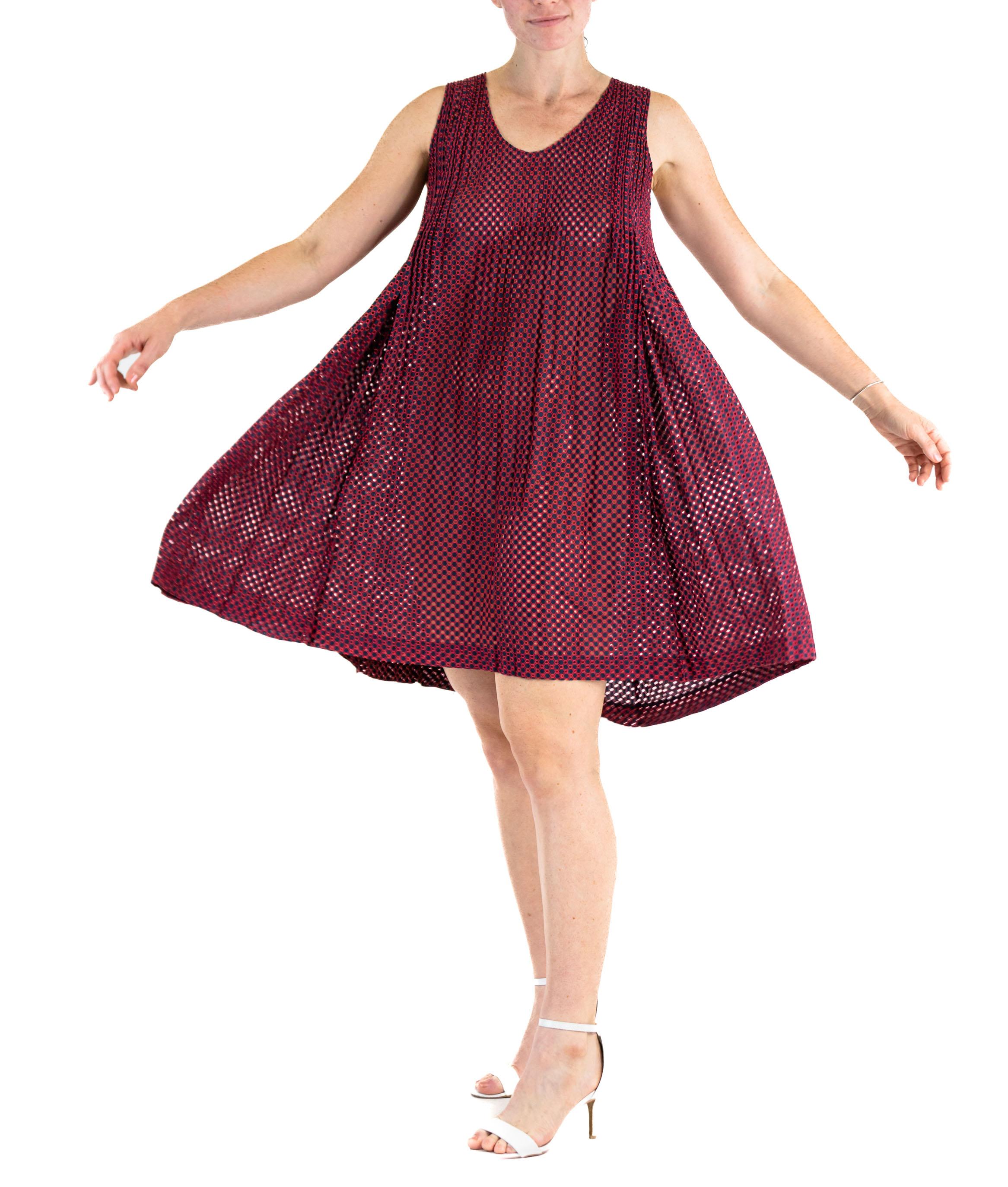 1990S ISSEY MIYAKE Burgundy & Navy Polyester Punched Mesh Cut-Out Dress For Sale 3