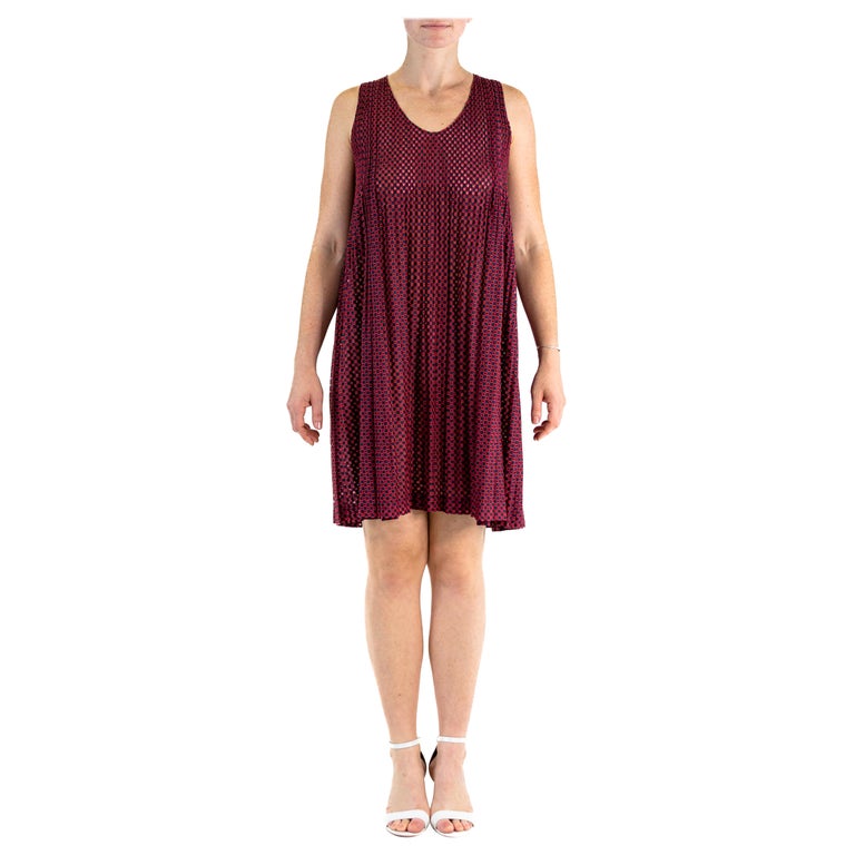 1990S ISSEY MIYAKE Burgundy & Navy Polyester Punched Mesh Cut-Out Dress