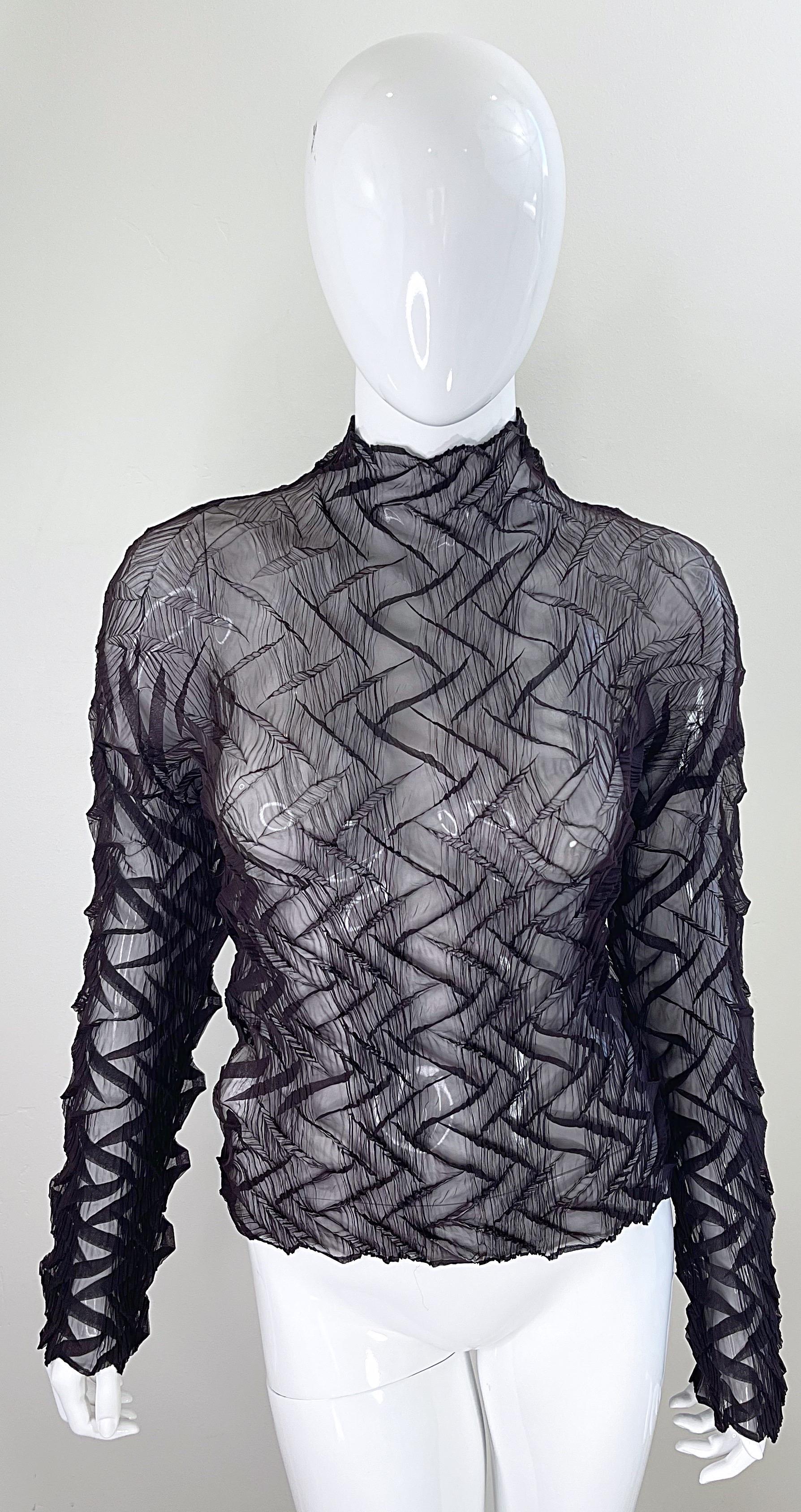 1990s Issey Miyake Chocolate Brown Vintage Pleated 90s Sheer Blouse Shirt Medium For Sale 4