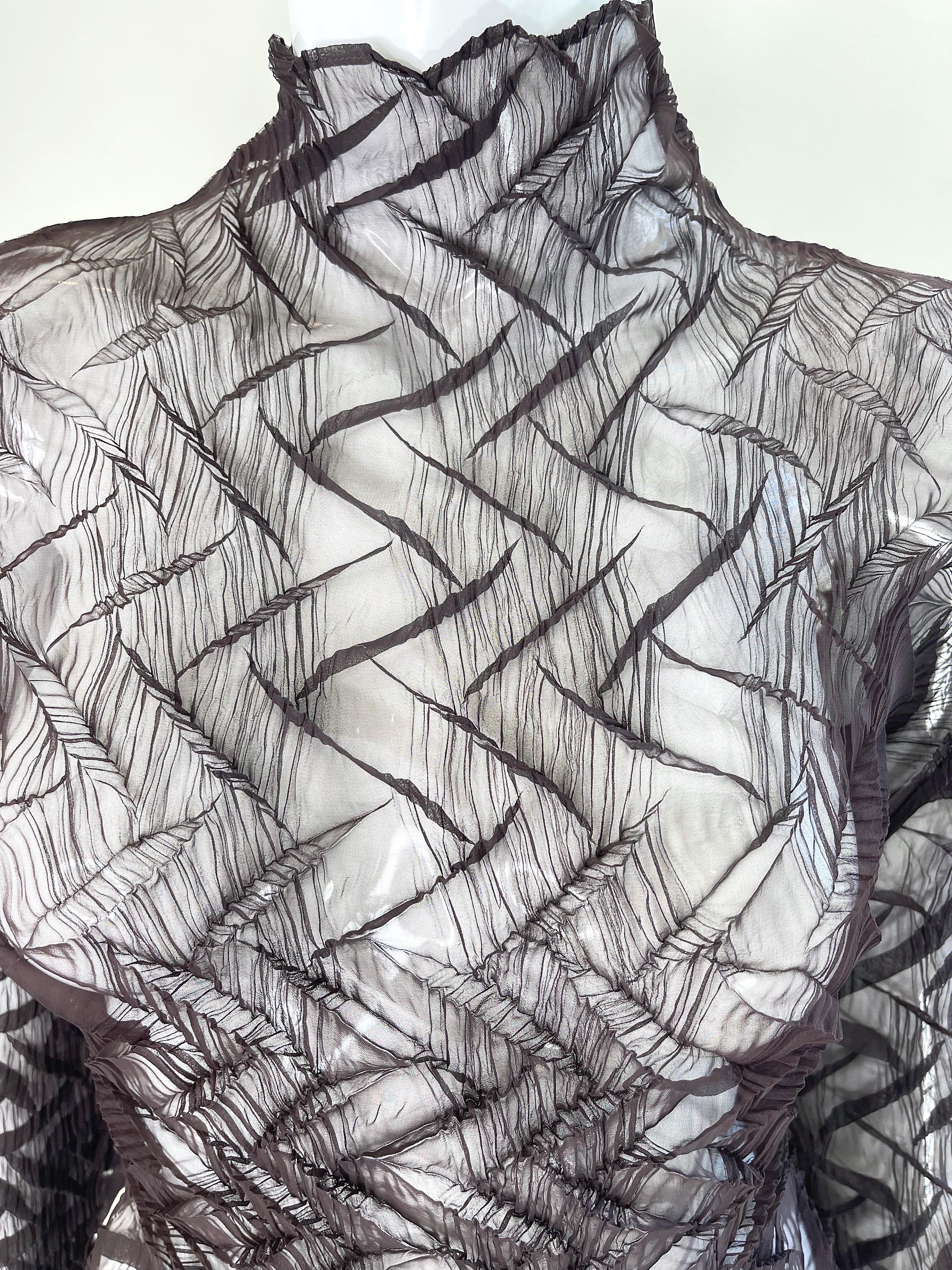 1990s Issey Miyake Chocolate Brown Vintage Pleated 90s Sheer Blouse Shirt Medium For Sale 5