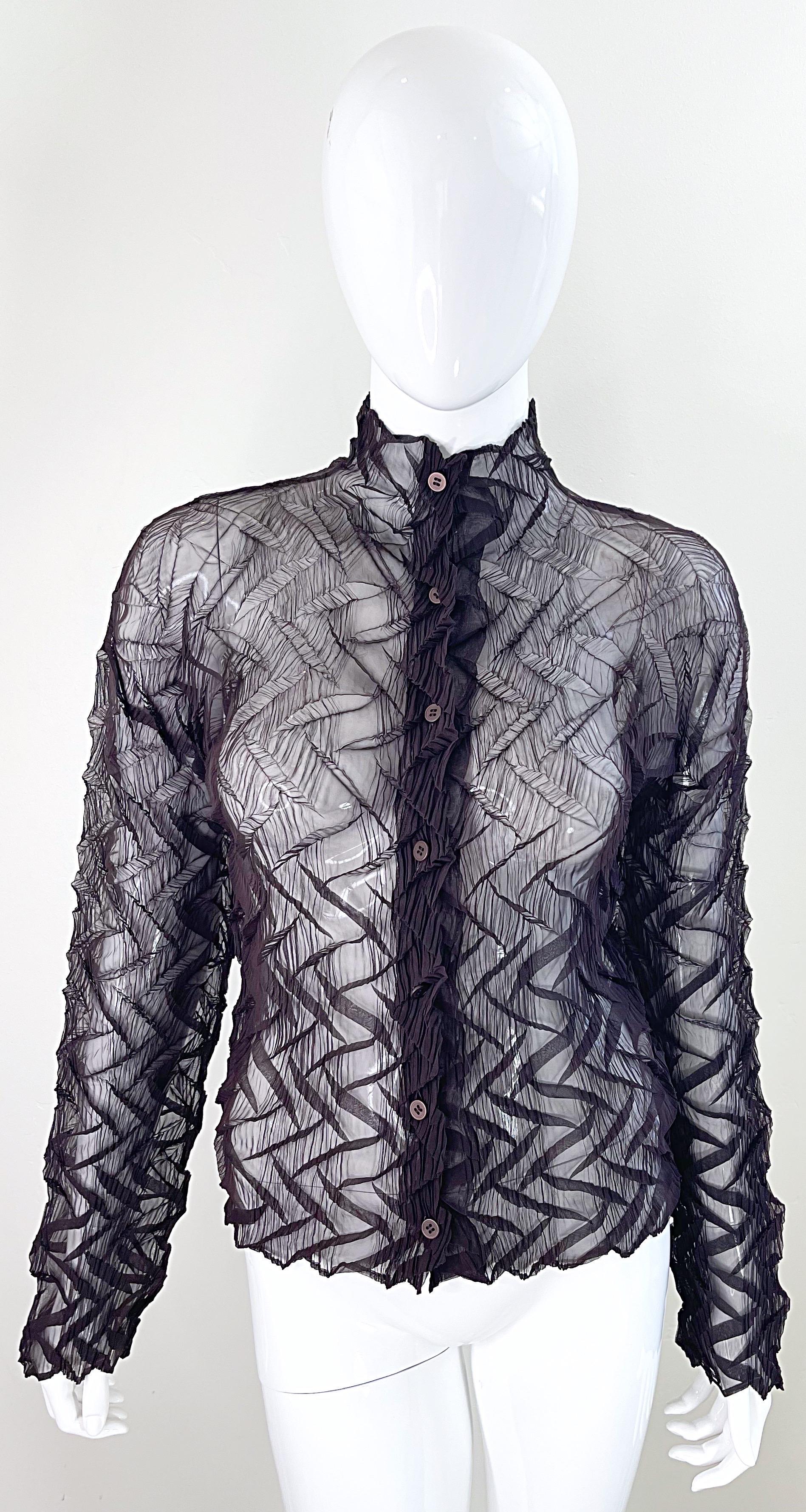 1990s Issey Miyake Chocolate Brown Vintage Pleated 90s Sheer Blouse Shirt Medium For Sale 14