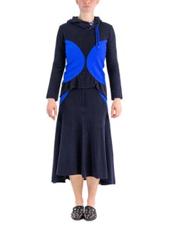 1990S ISSEY MIYAKE Cobalt Blue & Navy Cotton Terry  Colorblock Top Skirt Ensemb