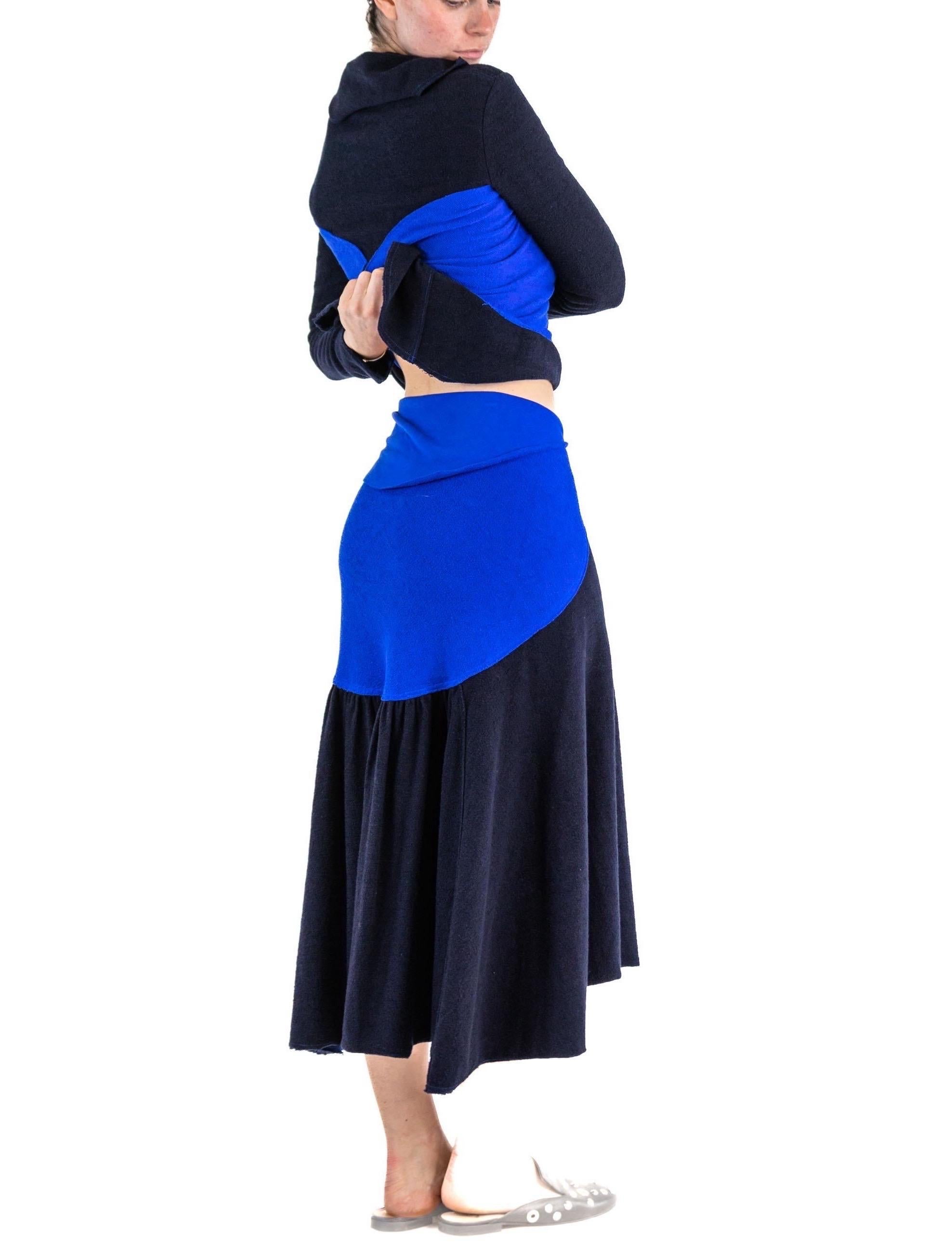 1990S ISSEY MIYAKE Cobalt Blue & Navy Cotton Terry  Colorblock Top Skirt Ensemb For Sale 1