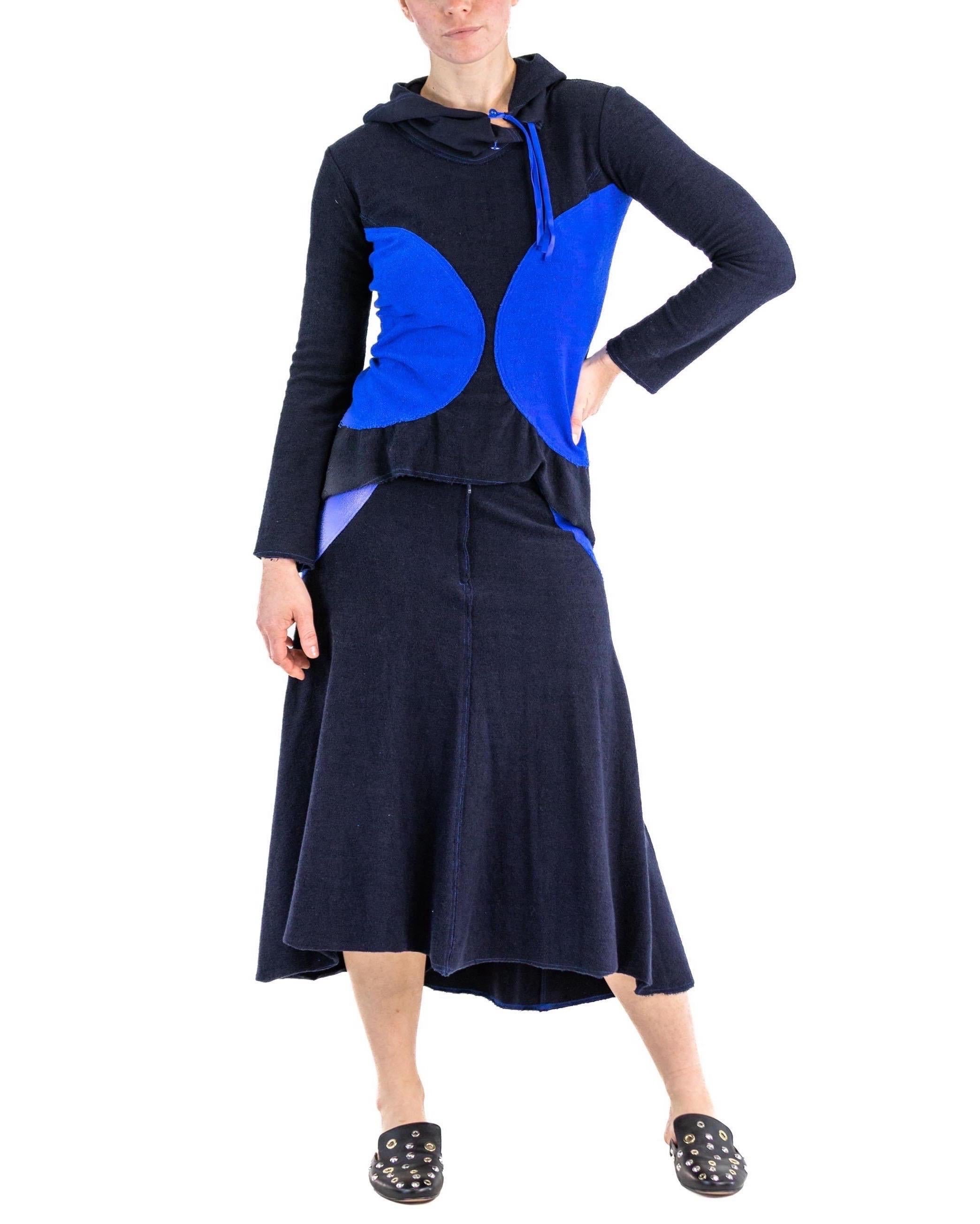 1990S ISSEY MIYAKE Cobalt Blue & Navy Cotton Terry  Colorblock Top Skirt Ensemb For Sale 2