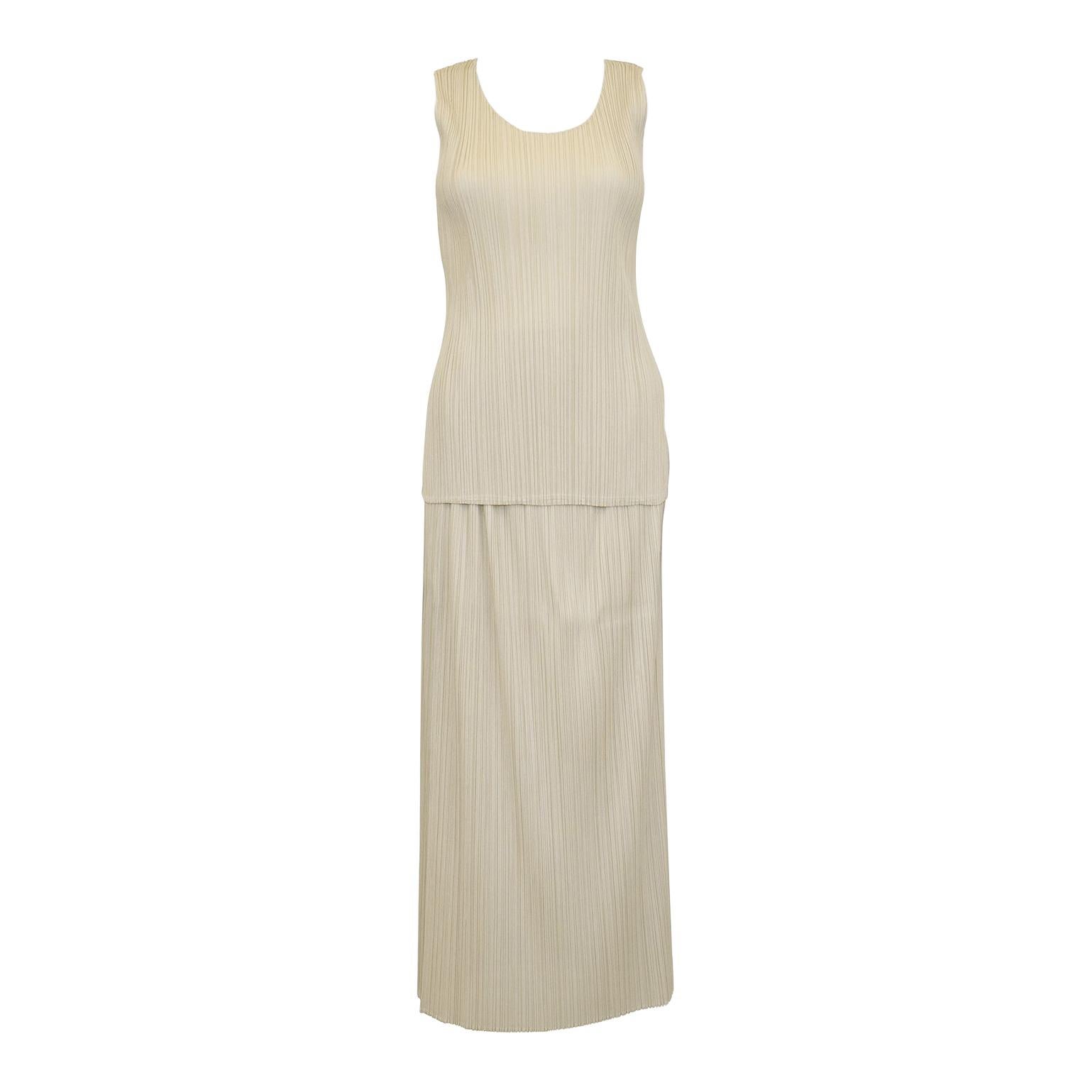 1990s Issey Miyake Cream Pleated Top and Skirt Ensemble  For Sale