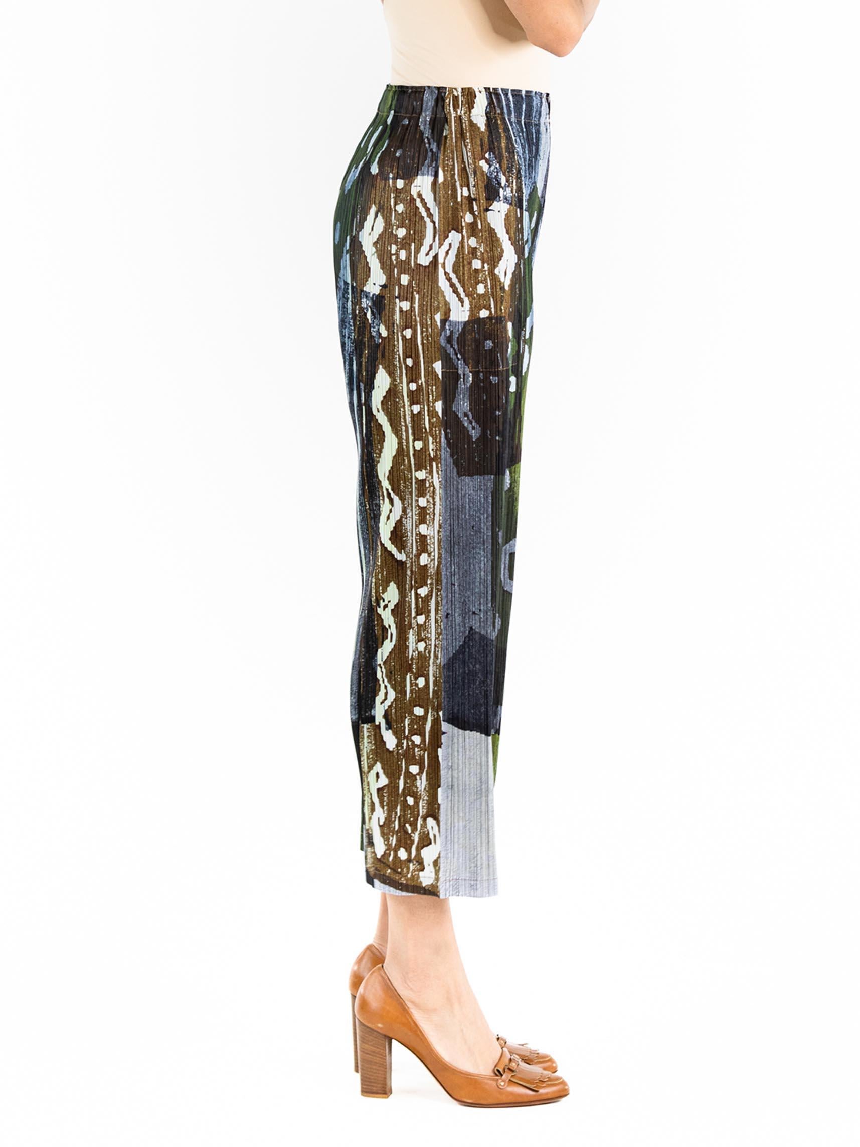 1990S ISSEY MIYAKE Dark Chocolate Brown & Olive Green Polyester Pleated Abstract Print Pants