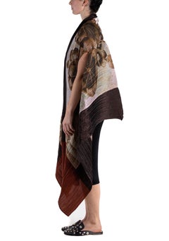 1990S ISSEY MIYAKE Dark Chocolate Brown Polyester Pleated Shawl With Floral Pri