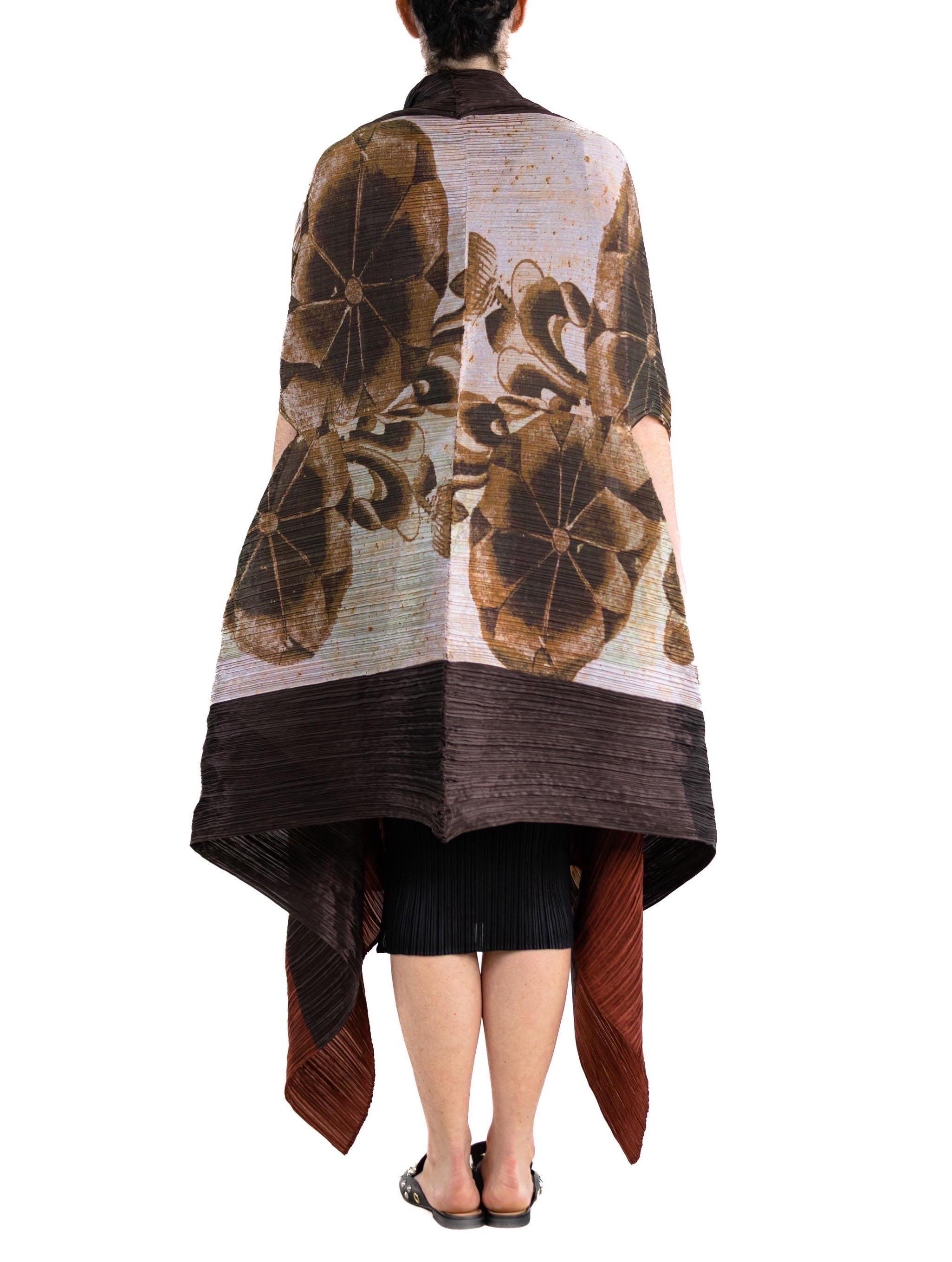 1990S ISSEY MIYAKE Dark Chocolate Brown Polyester Pleated Shawl With Floral Pri For Sale 4