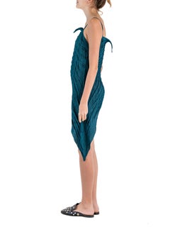 1990S ISSEY MIYAKE Emerald Green Avant Garde Polyester Chevron Pleated Long Top