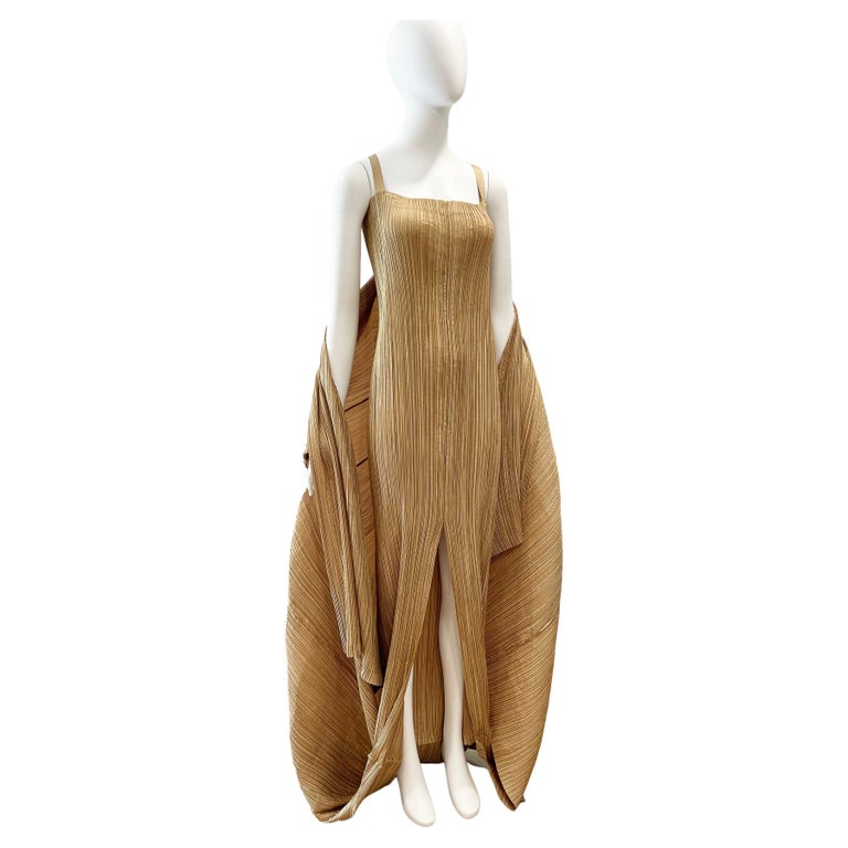1990s Issey Miyake Gold Metallic Pleated Evening Gown 