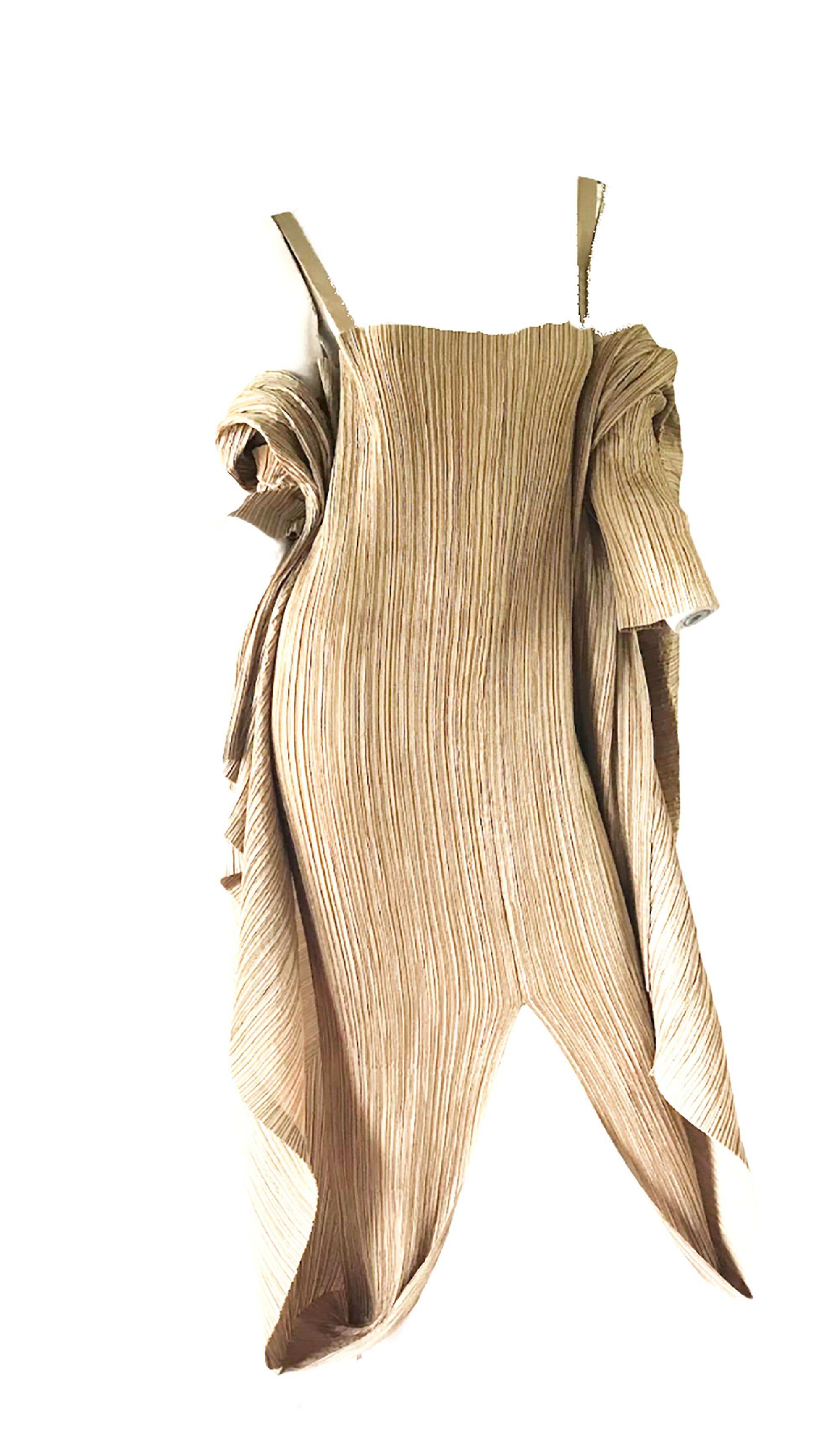 1990s Issey Miyake Gold Metallic Pleated Evening Gown In Excellent Condition In Austin, TX