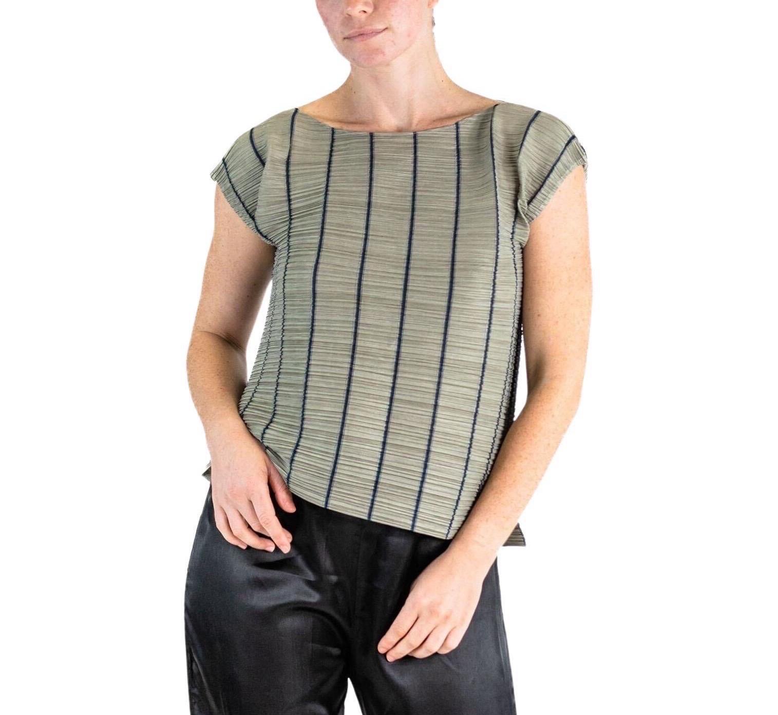 1990S ISSEY MIYAKE Grey & Navy Polyester Pencil Thin Vertical Striped Top For Sale