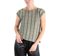1990S ISSEY MIYAKE Grey & Navy Polyester Pencil Thin Vertical Striped Top