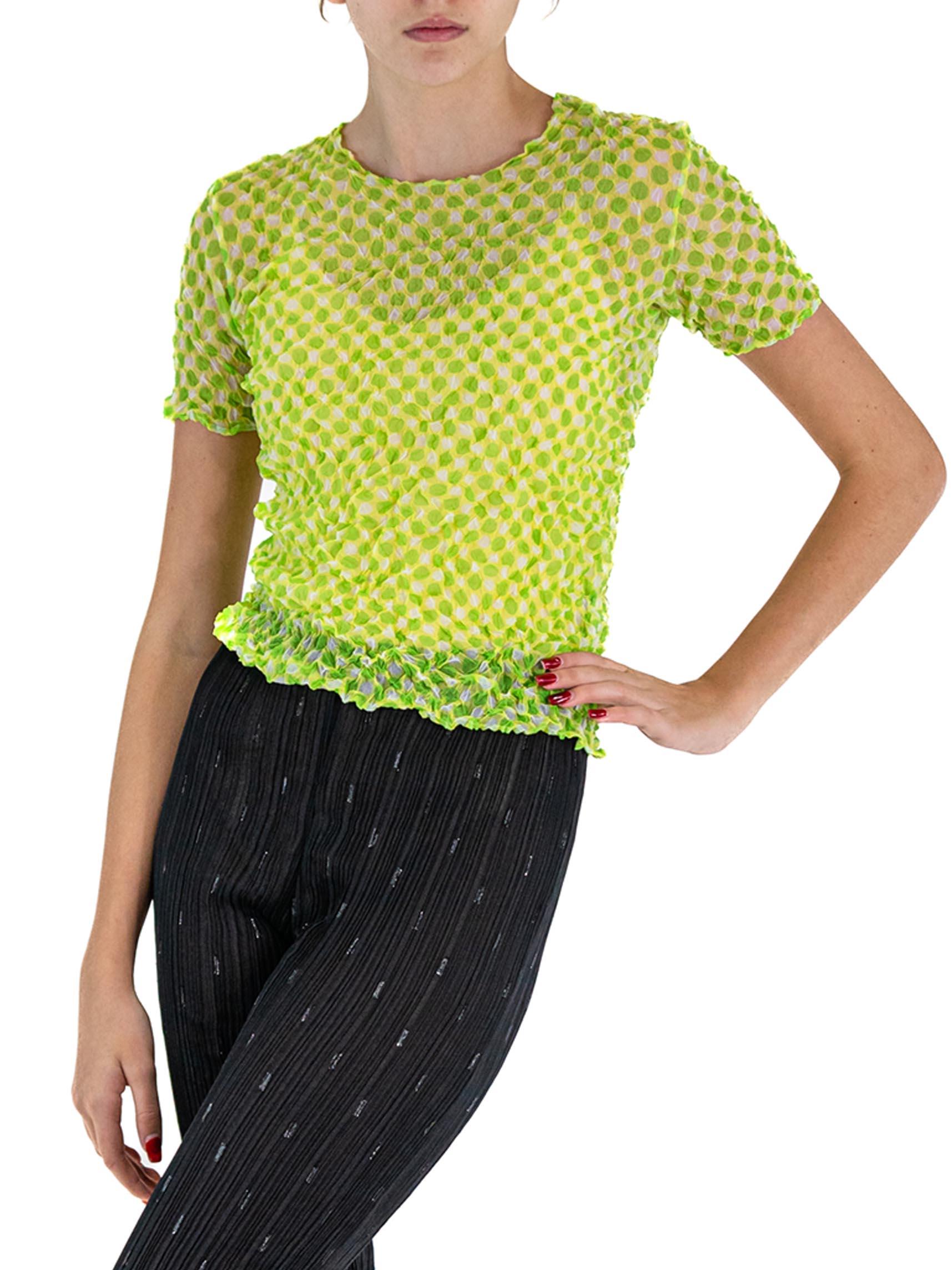 1990S ISSEY MIYAKE Lime Green Sheer Polyester Shrink Wrap Top With Polka Dots In Excellent Condition For Sale In New York, NY