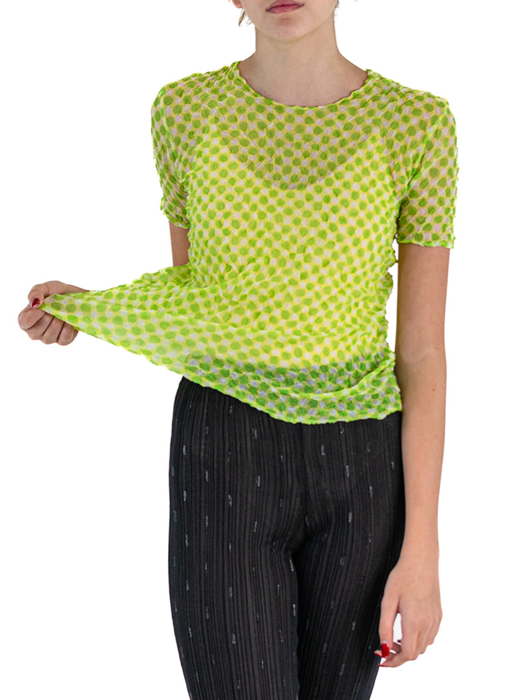 Women's 1990S ISSEY MIYAKE Lime Green Sheer Polyester Shrink Wrap Top With Polka Dots For Sale
