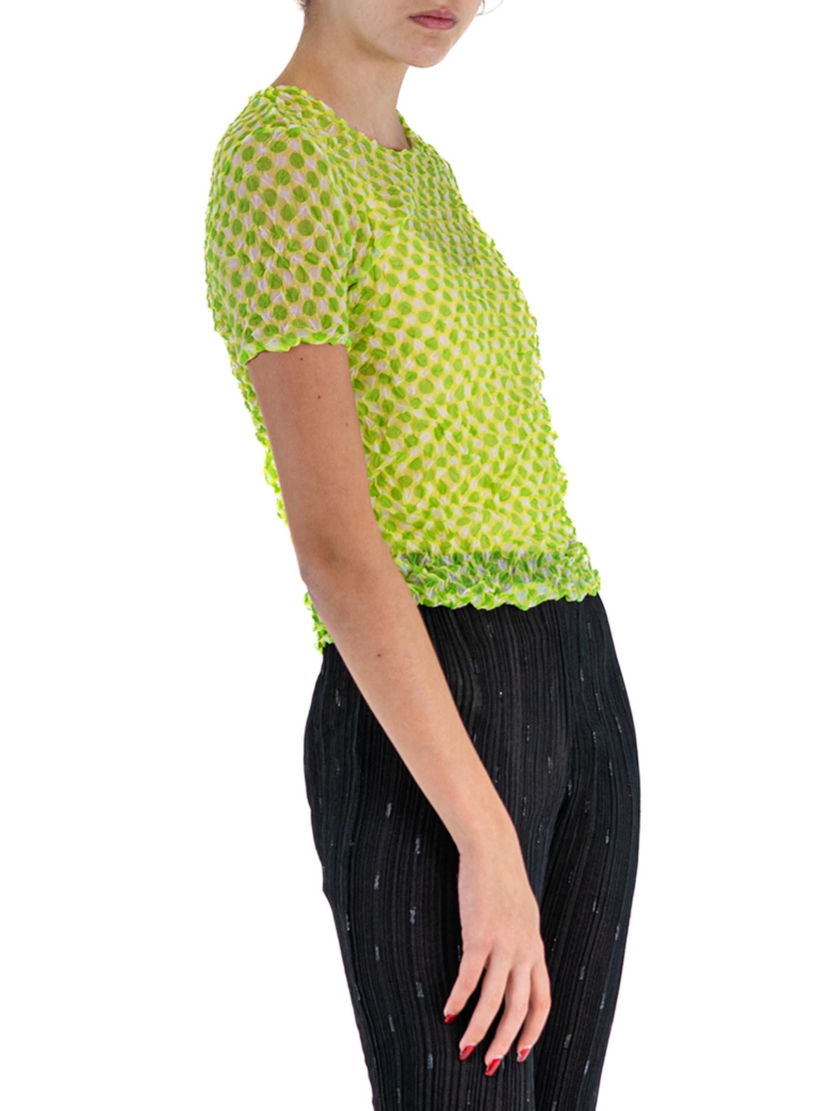 1990S ISSEY MIYAKE Lime Green Sheer Polyester Shrink Wrap Top With Polka Dots For Sale 1