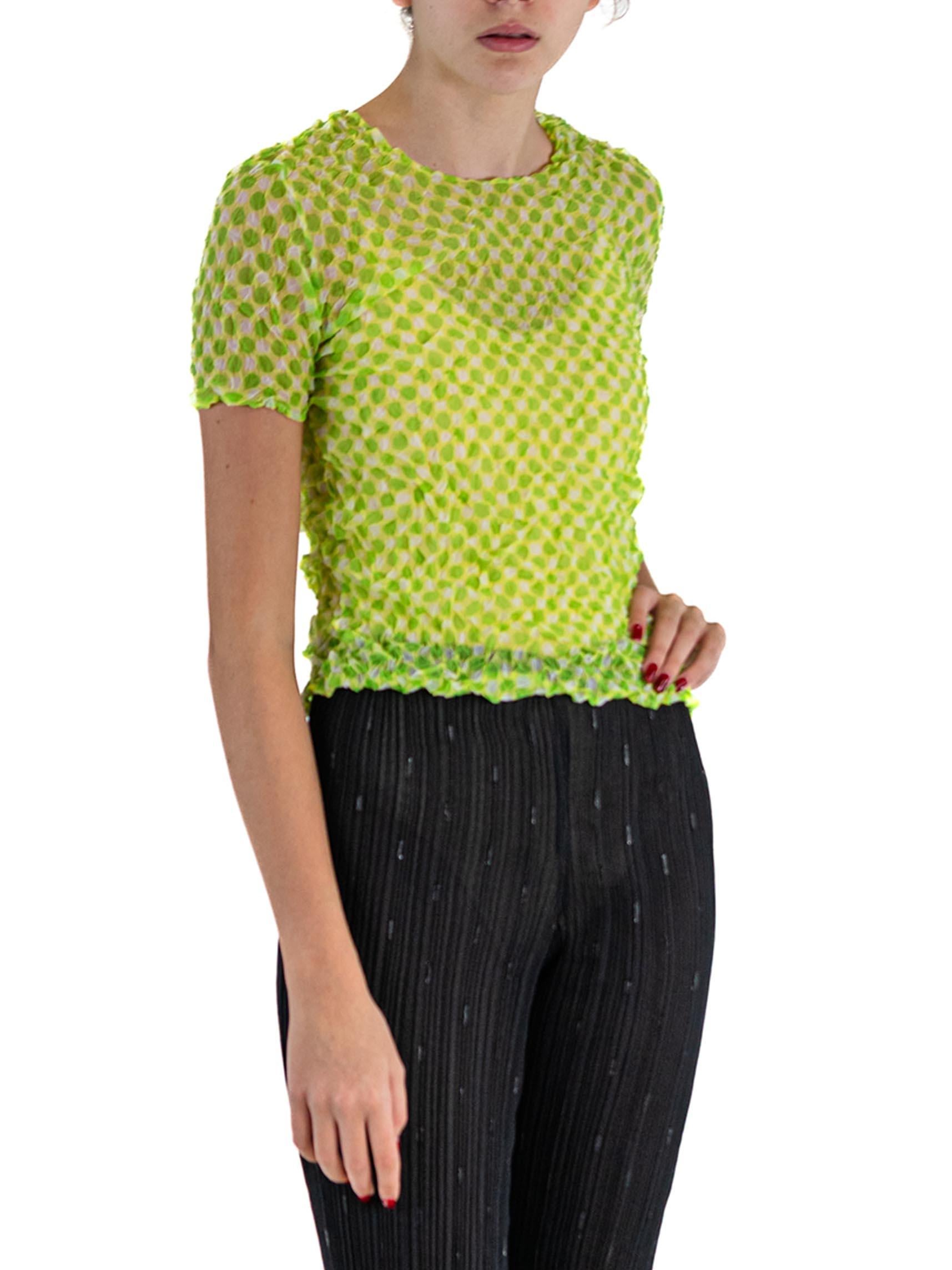 1990S ISSEY MIYAKE Lime Green Sheer Polyester Shrink Wrap Top With Polka Dots For Sale 2