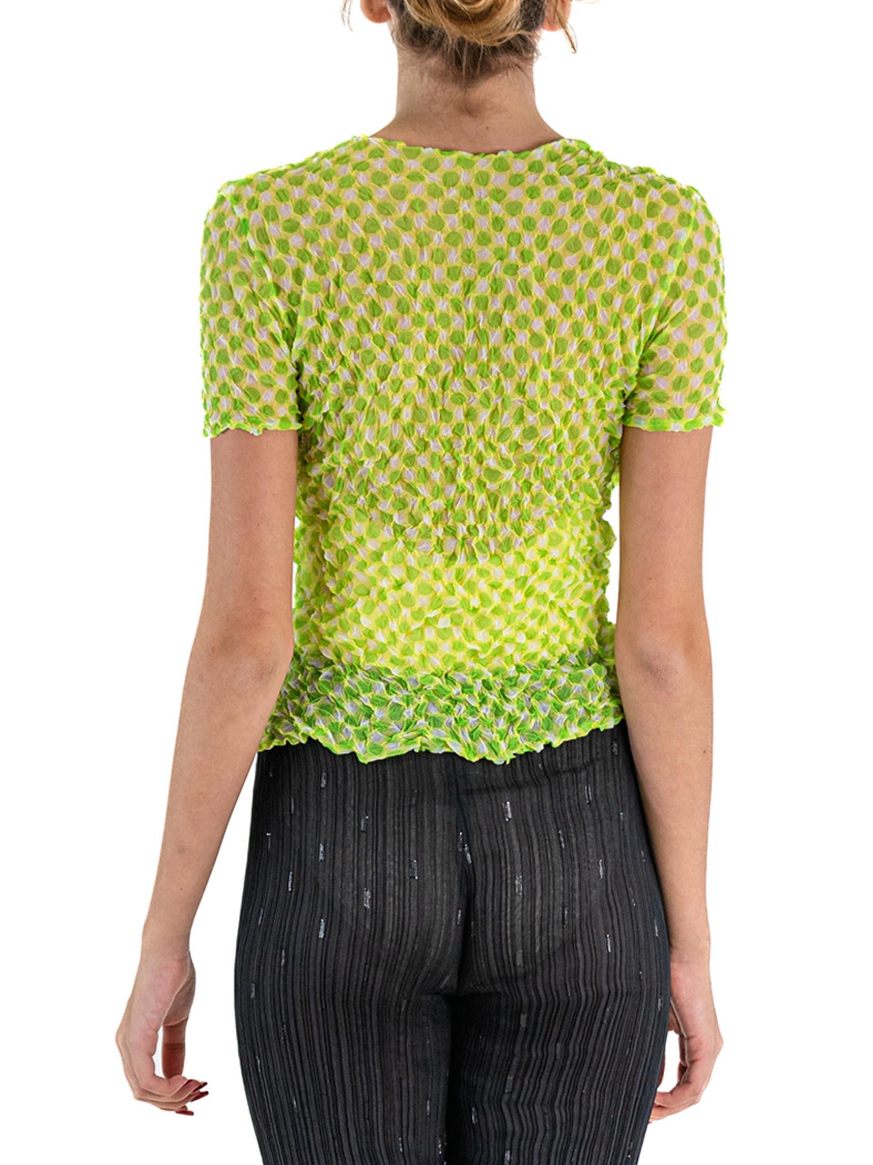 1990S ISSEY MIYAKE Lime Green Sheer Polyester Shrink Wrap Top With Polka Dots For Sale 3