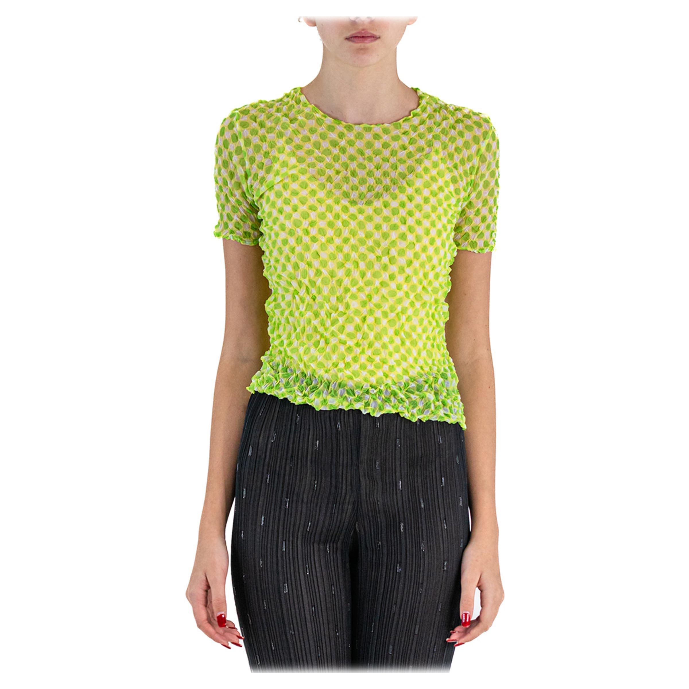 1990er ISSEY MIYAKE Limonengrünes durchsichtiges Polyester-Wickeloberteil mit Tupfen