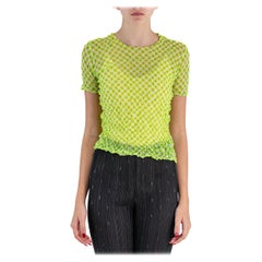 1990S ISSEY MIYAKE Top verde lima de poliéster retráctil con lunares