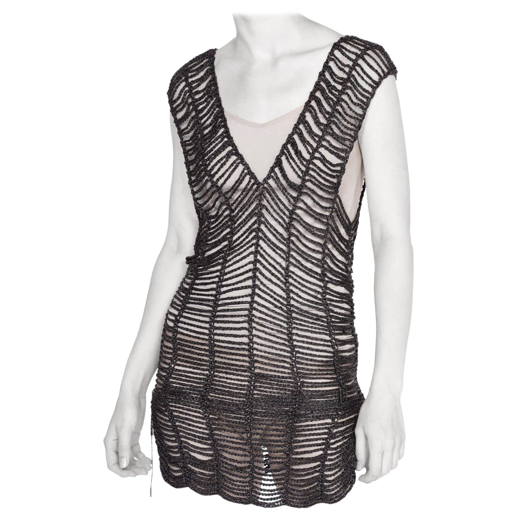 1990S ISSEY MIYAKE Metallic Gunmetal Grey Knit Mini Dress Swim Cover-Up