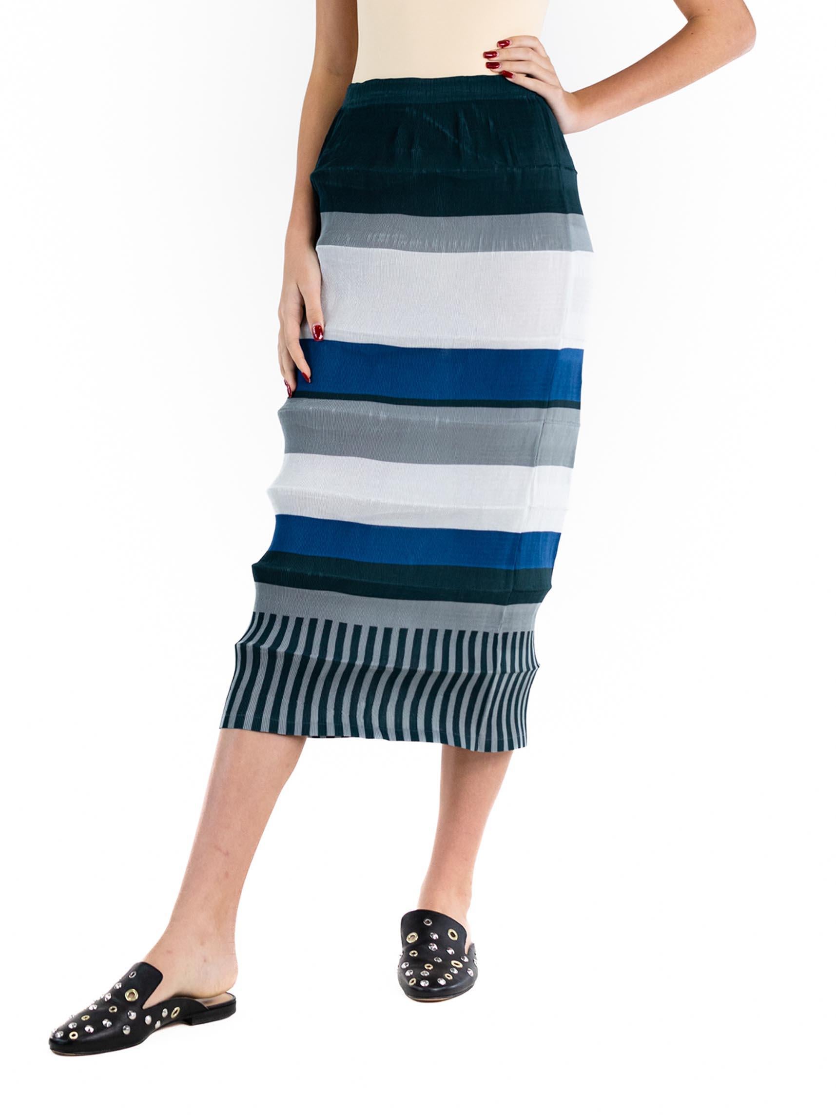 1990S ISSEY MIYAKE Mixed Blues Polyester Striped Pleated Skirt In Excellent Condition For Sale In New York, NY