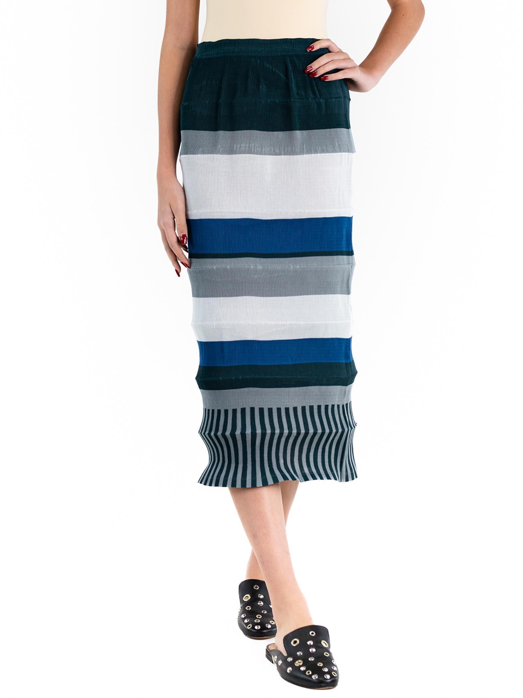 Women's 1990S ISSEY MIYAKE Mixed Blues Polyester Striped Pleated Skirt For Sale