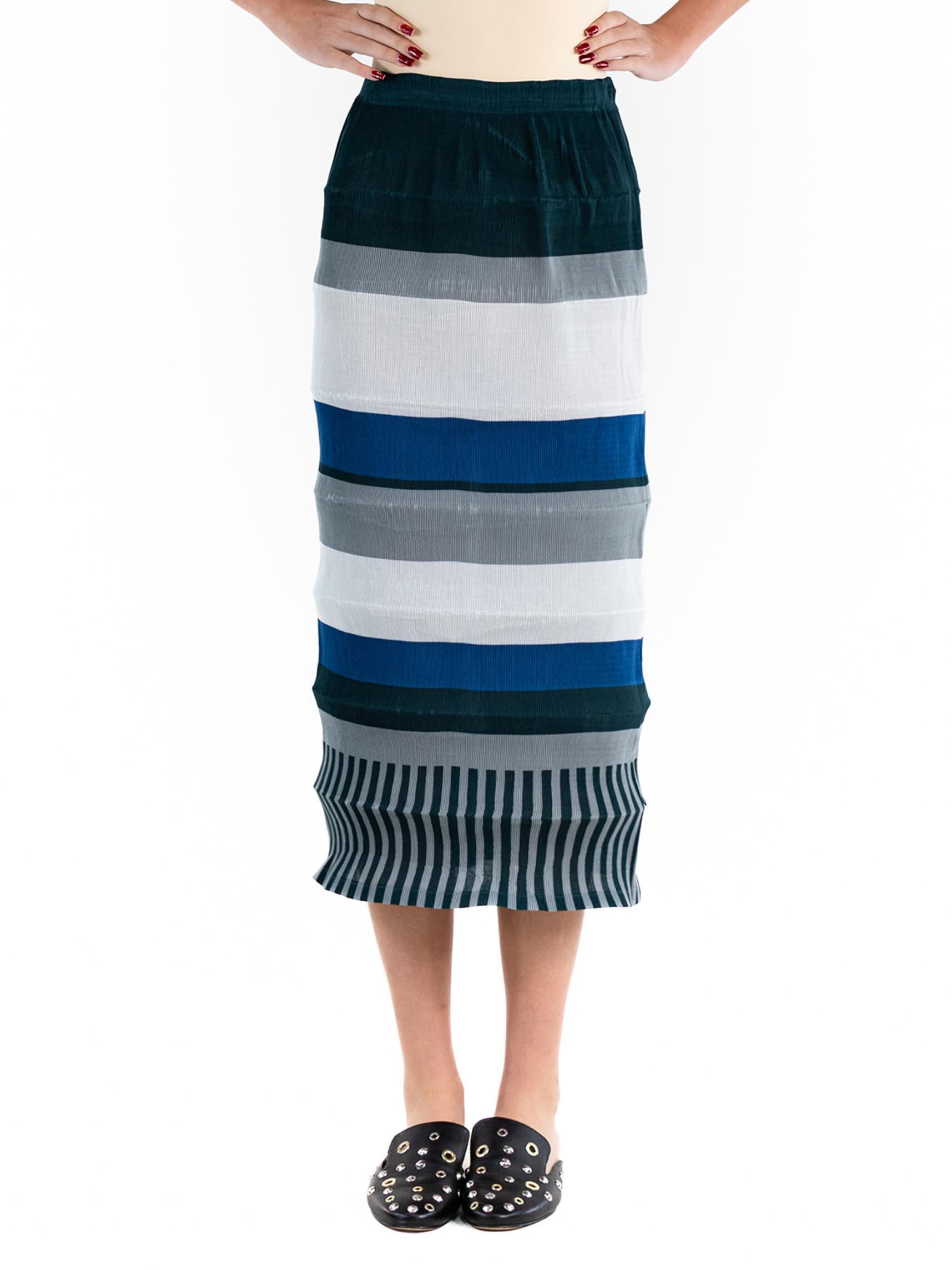1990S ISSEY MIYAKE Mixed Blues Polyester Striped Pleated Skirt For Sale 1
