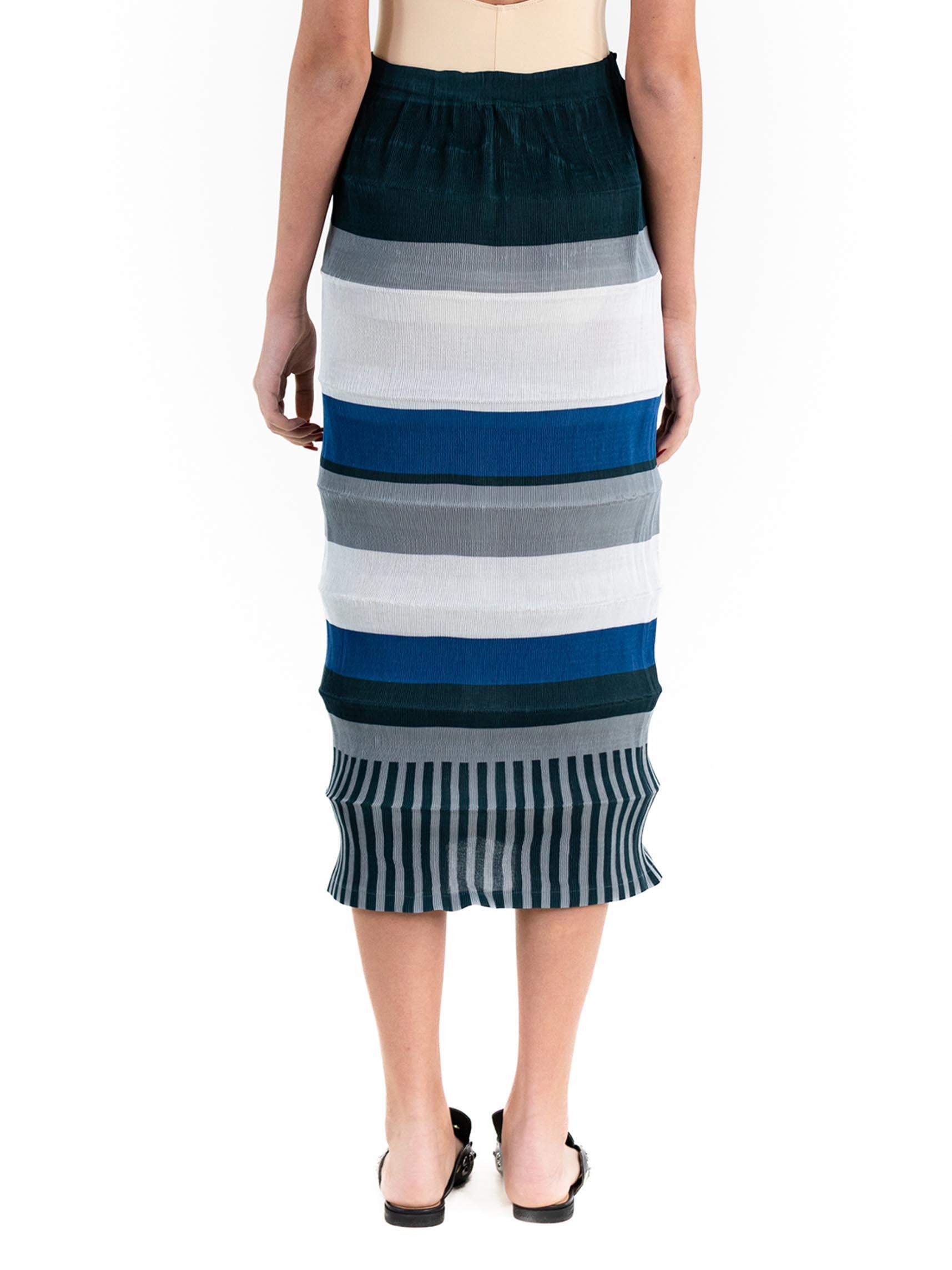 1990S ISSEY MIYAKE Mixed Blues Polyester Striped Pleated Skirt For Sale 2