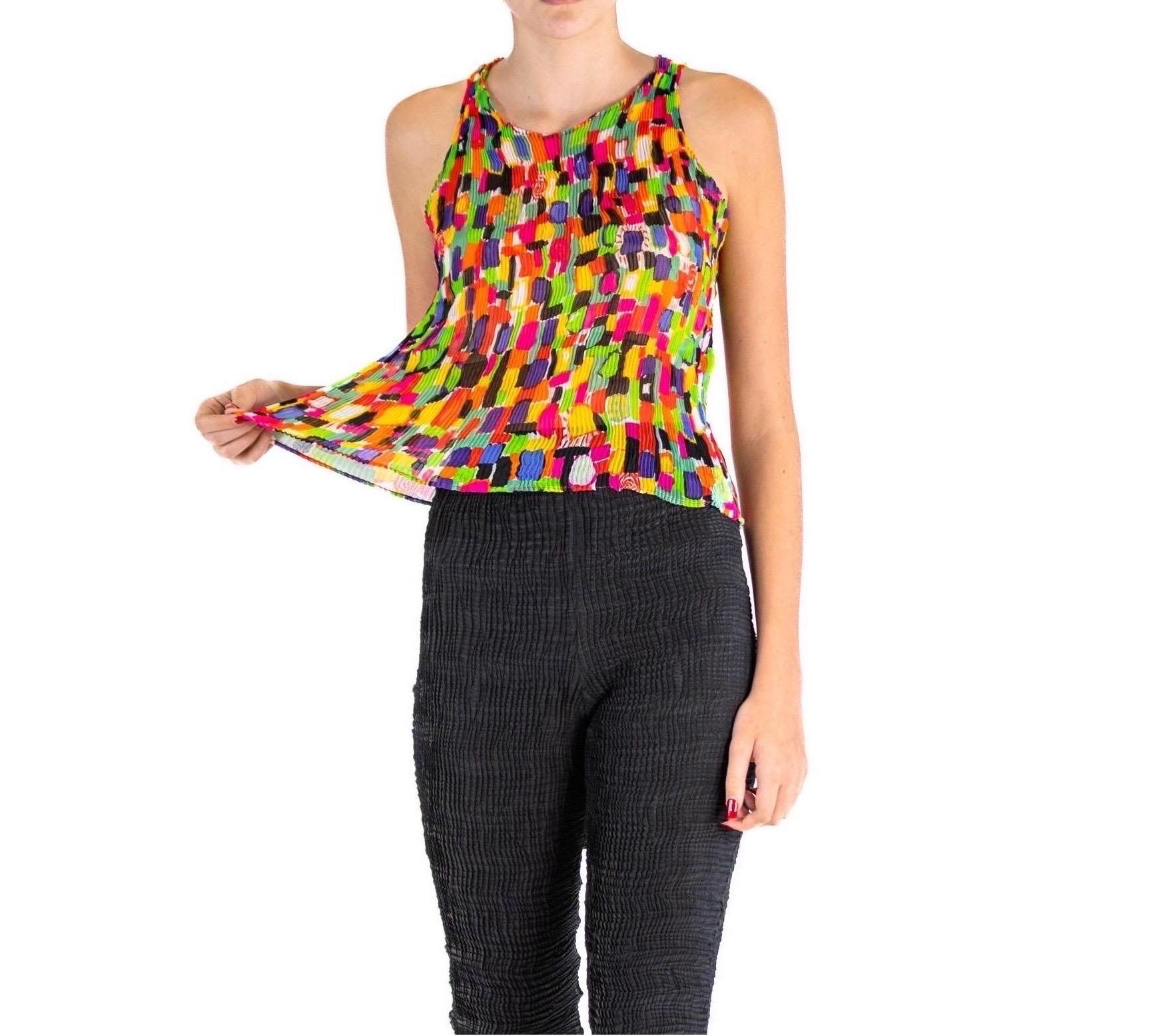1990S ISSEY MIYAKE Neon Multicolored Polyester Pleated Tank Top For Sale 1
