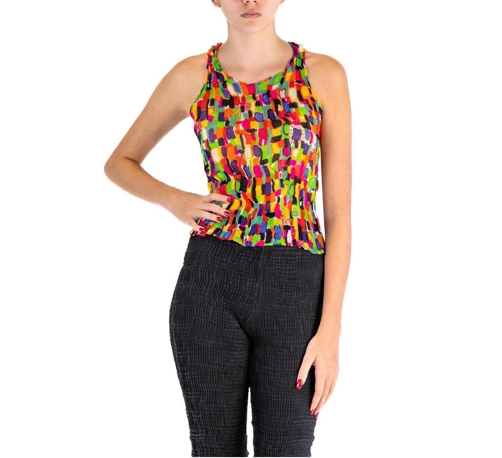 1990S ISSEY MIYAKE Neon Multicolored Polyester Pleated Tank Top For Sale 2