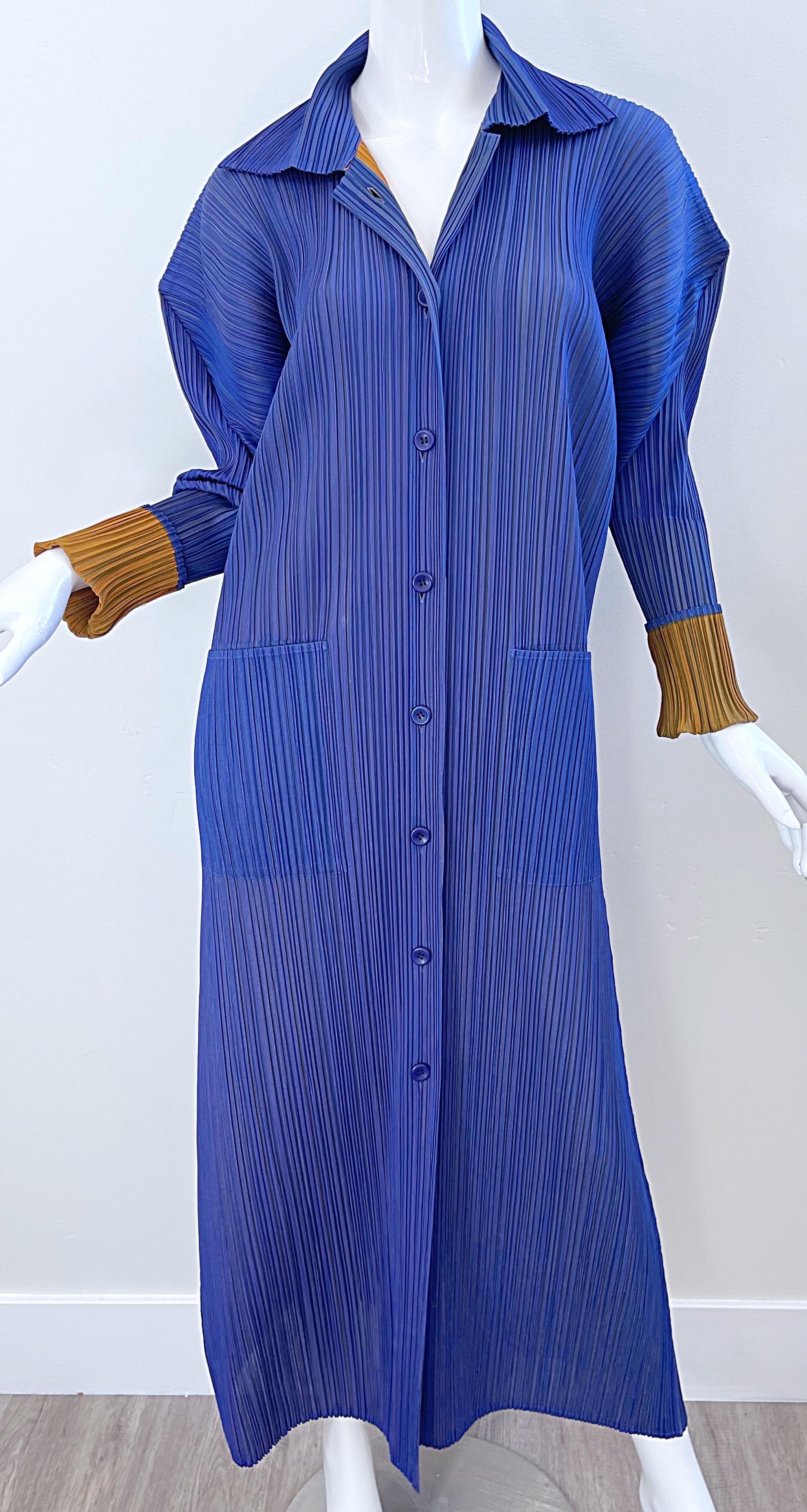 1990s Issey Miyake Pleats Please Blue + Marigold Avant Garde Duster Jacket Sz 3 For Sale 11