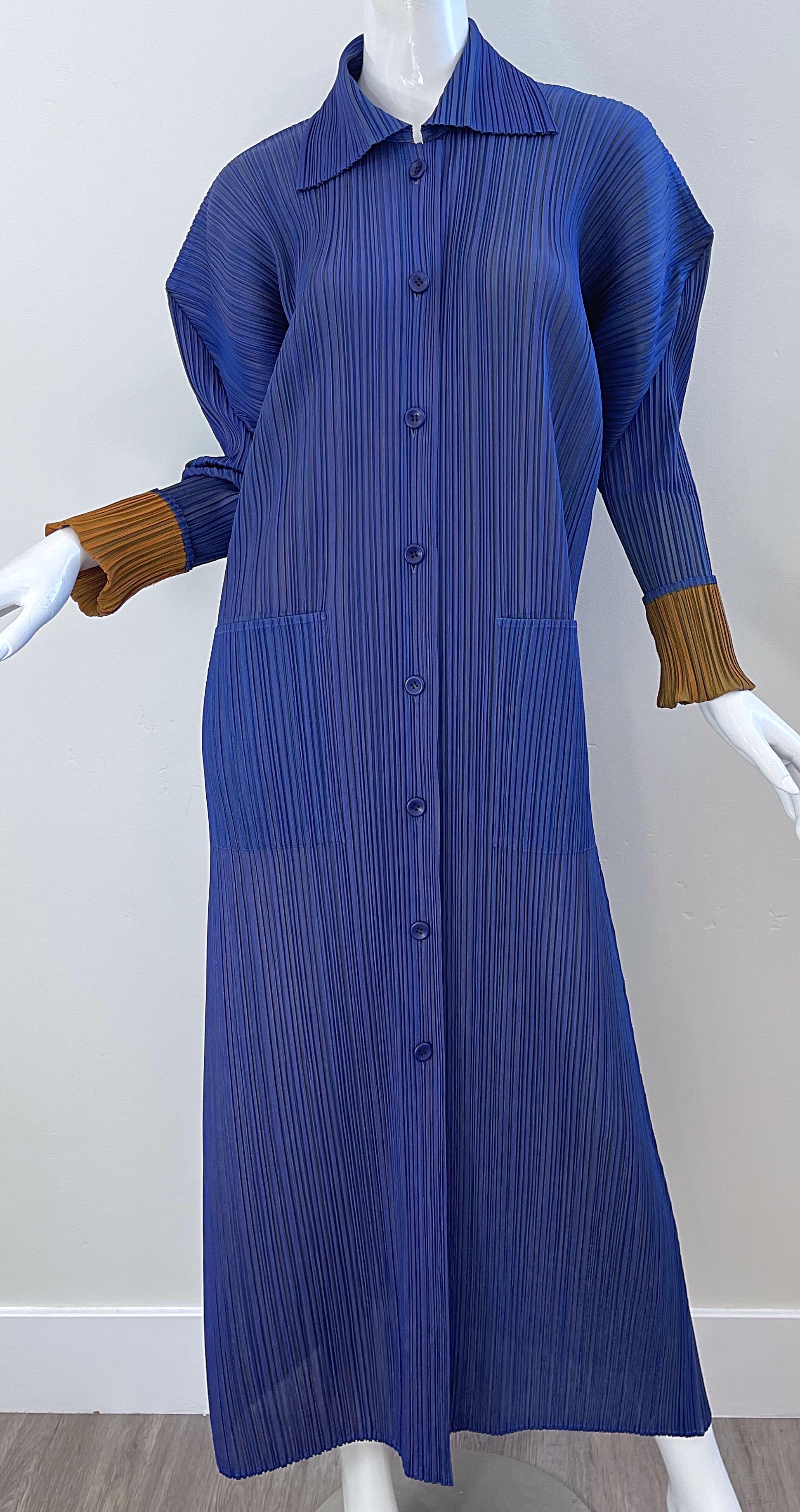 1990s Issey Miyake Pleats Please Blue + Marigold Avant Garde Duster Jacket Sz 3 For Sale 14