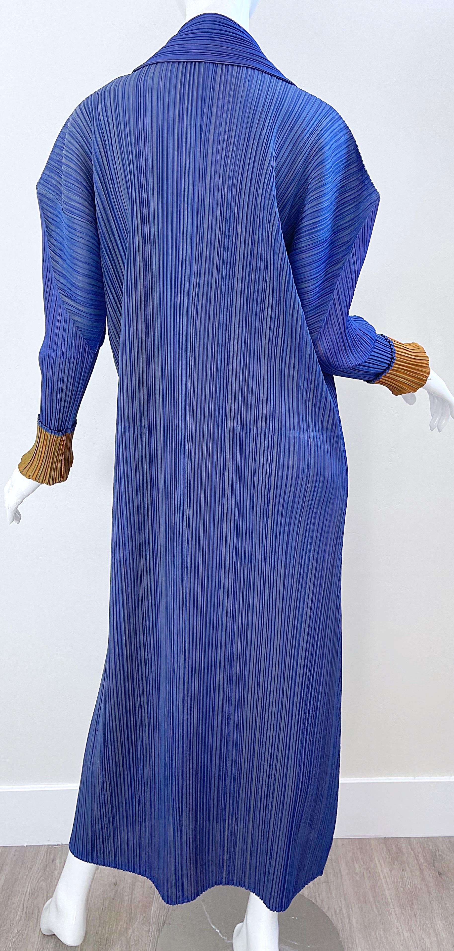 Women's 1990s Issey Miyake Pleats Please Blue + Marigold Avant Garde Duster Jacket Sz 3 For Sale