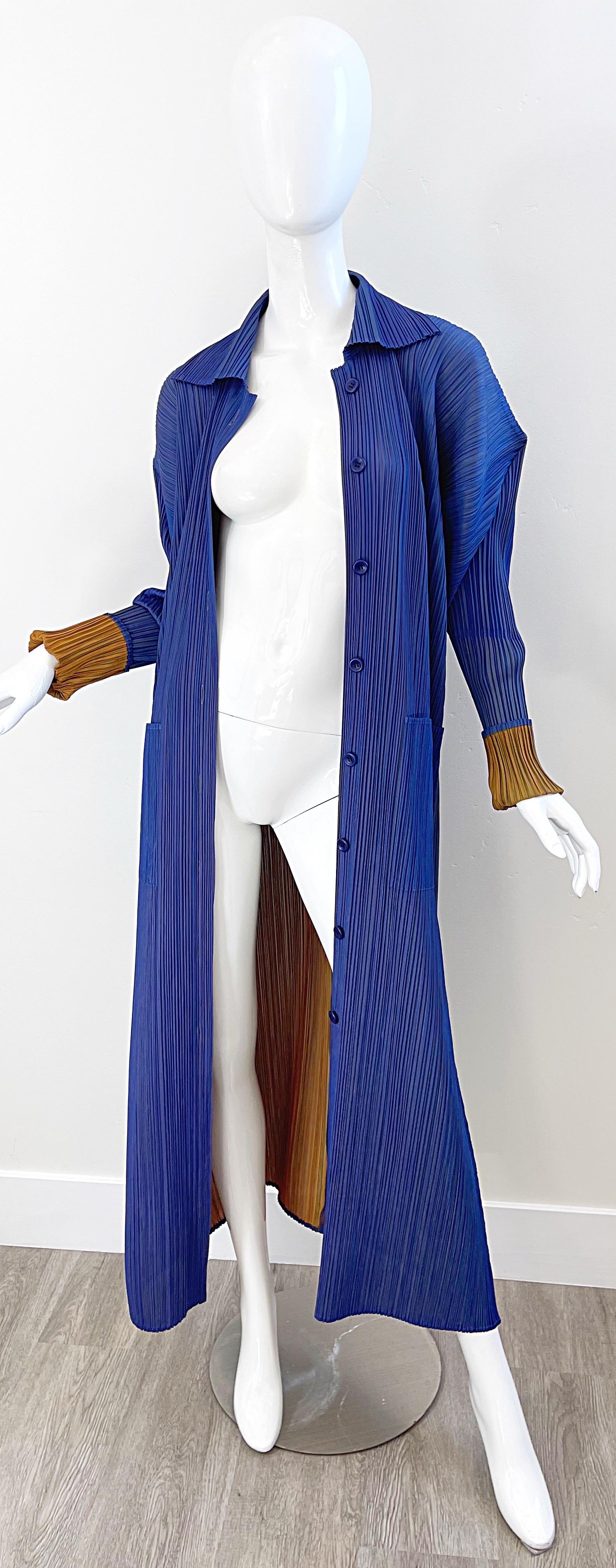 1990s Issey Miyake Pleats Please Blue + Marigold Avant Garde Duster Jacket Sz 3 For Sale 4