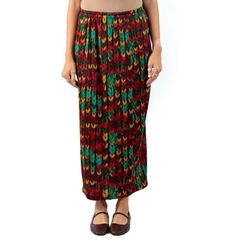 1990S Falda Issey Miyake Pleats Please Rojo Verde Poliéster Estampado Geométrico Negro en venta