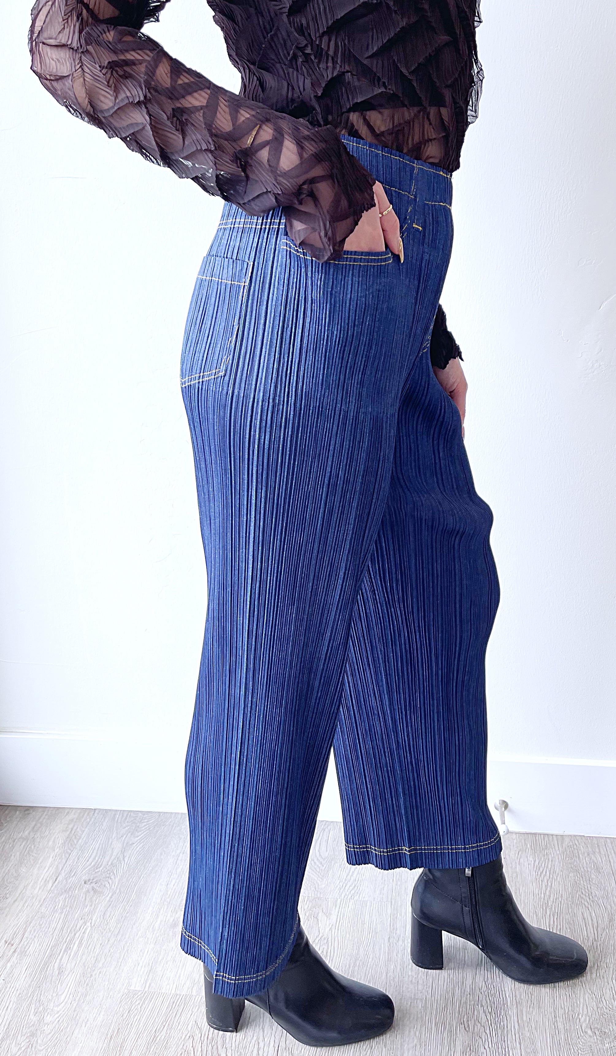 1990s Issey Miyake Pleats Please Trompe L’oeil Denim Blue Jeans Vintage Pants For Sale 7