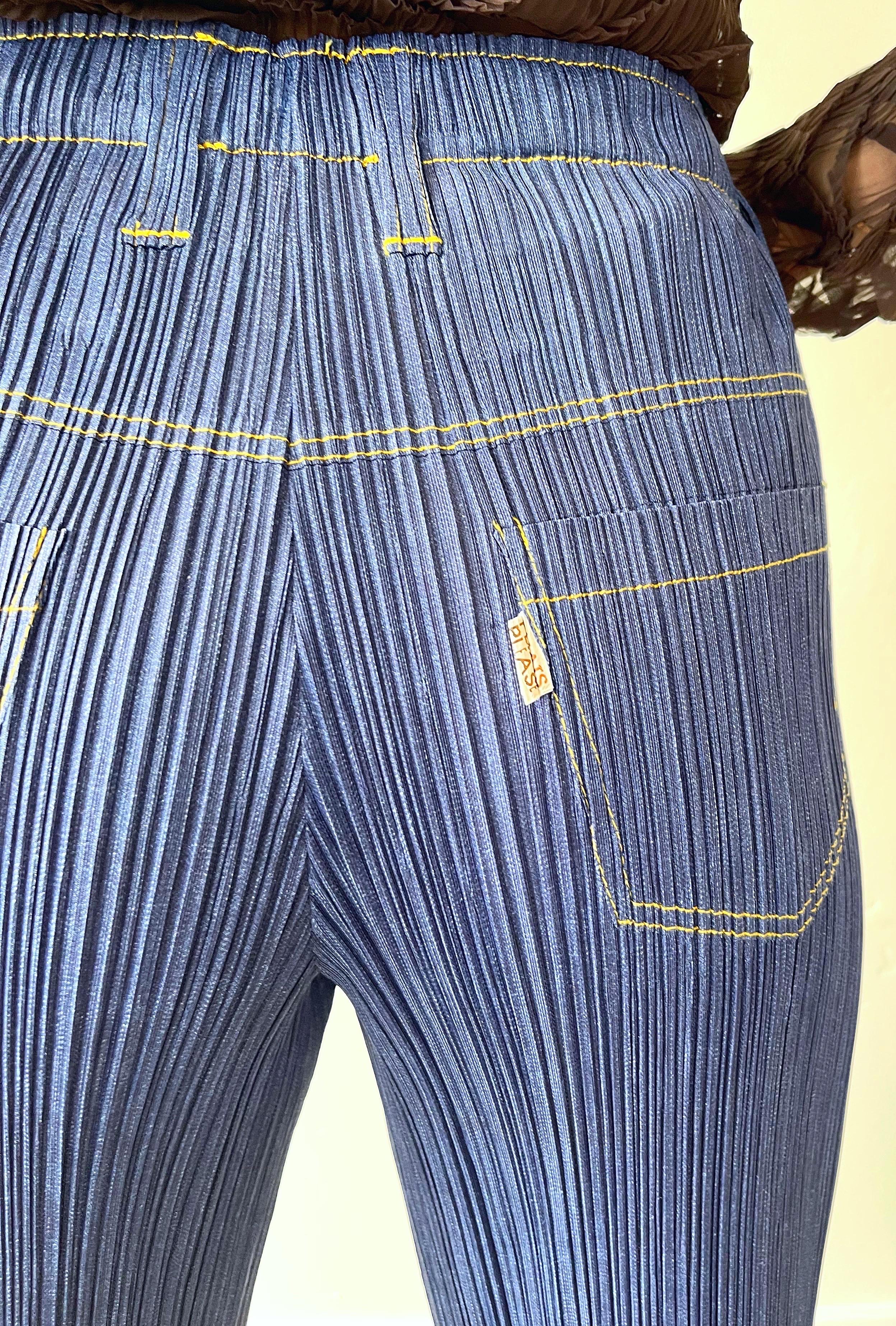 1990s Issey Miyake Pleats Please Trompe L’oeil Denim Blue Jeans Vintage Pants For Sale 8