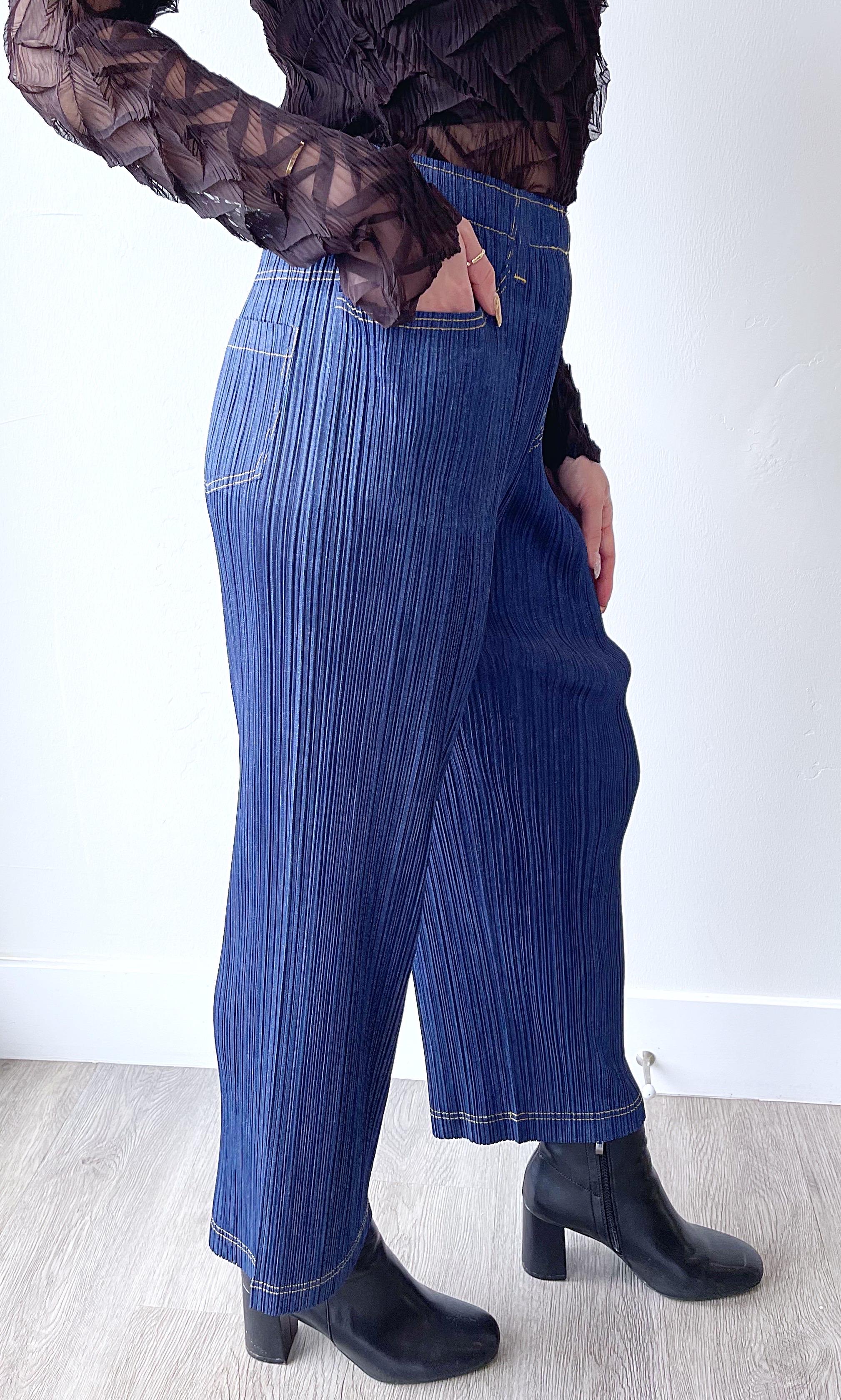 1990s Issey Miyake Pleats Please Trompe L’oeil Denim Blue Jeans Vintage Pants For Sale 10
