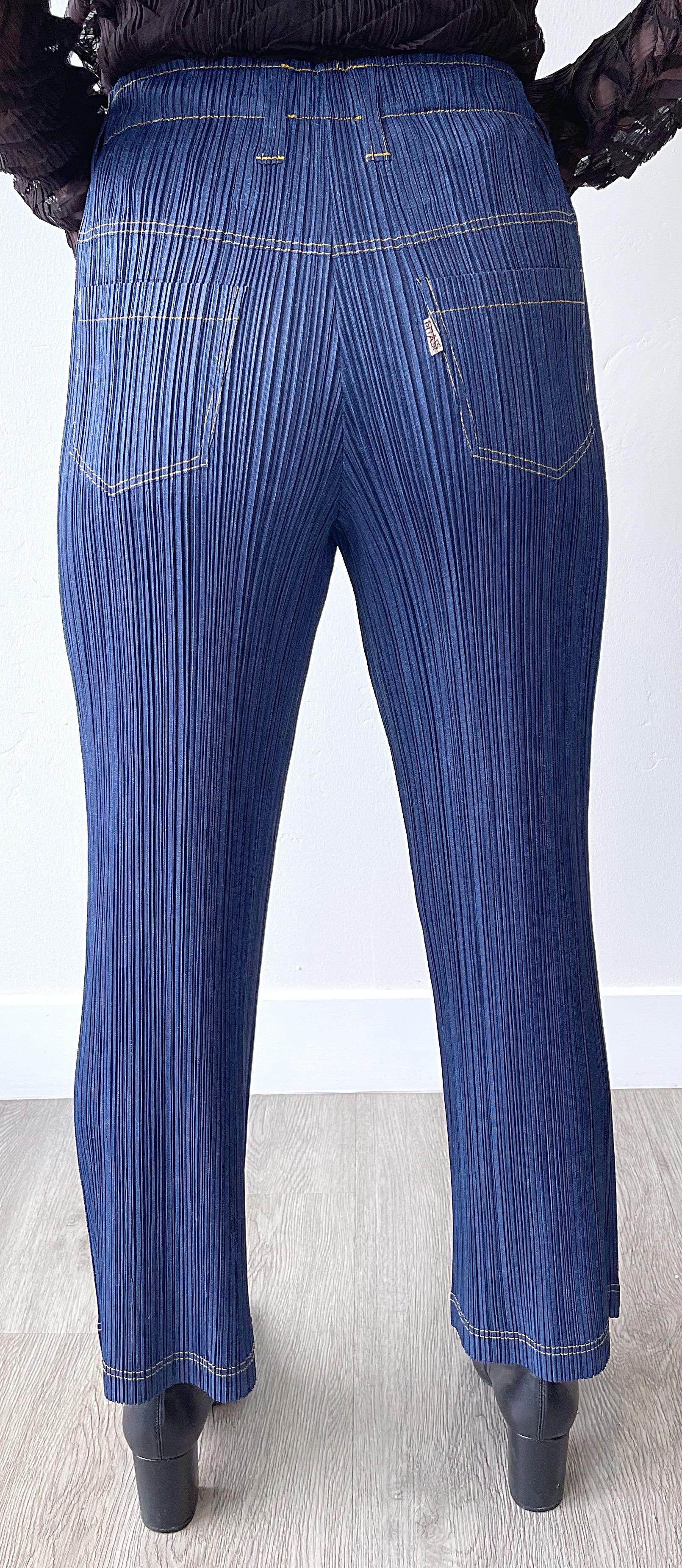 Women's or Men's 1990s Issey Miyake Pleats Please Trompe L’oeil Denim Blue Jeans Vintage Pants For Sale