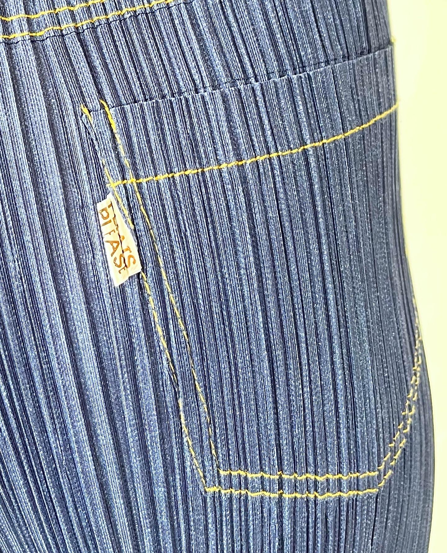 1990s Issey Miyake Pleats Please Trompe L’oeil Denim Blue Jeans Vintage Pants For Sale 1